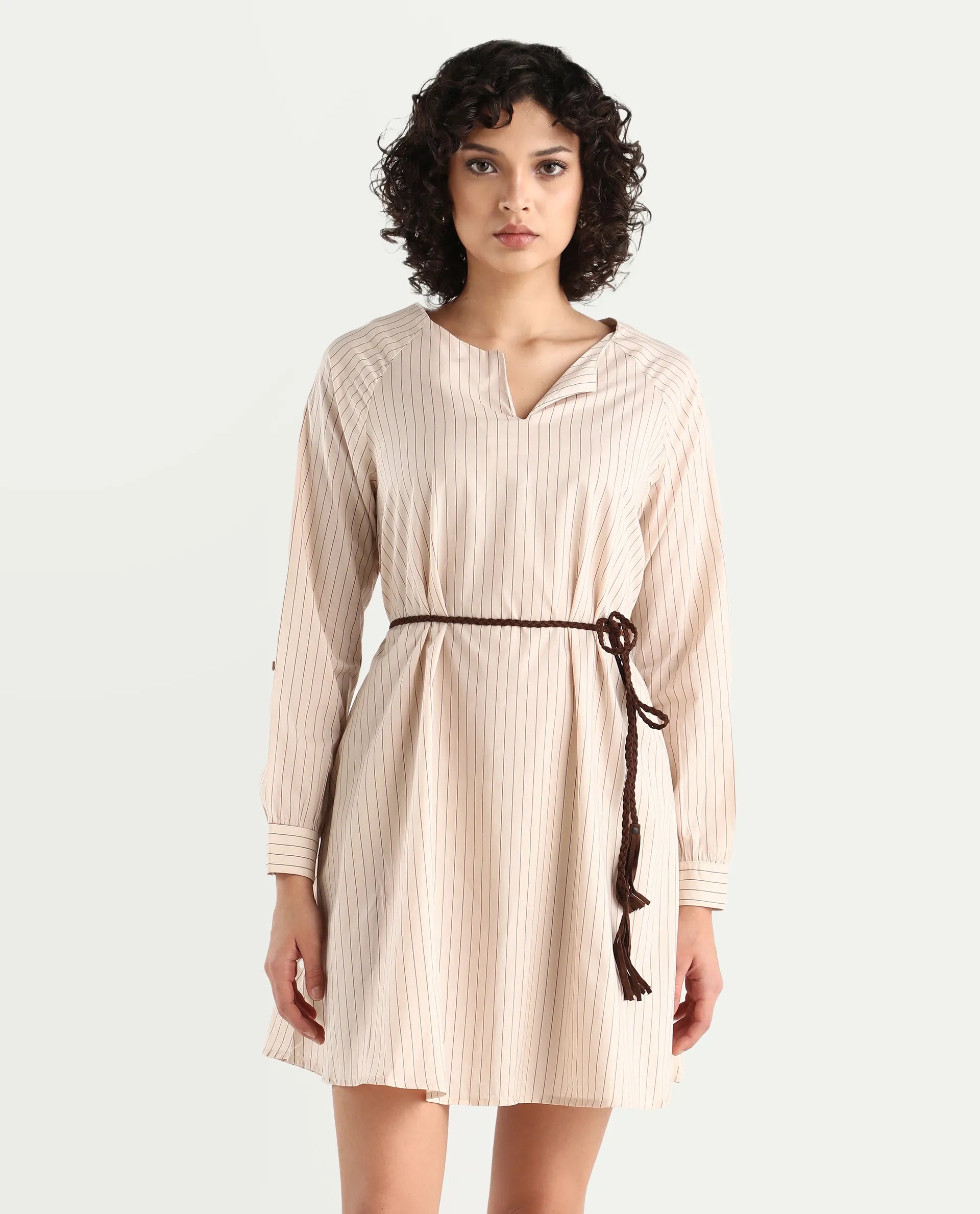 Rareism Women's Margaret Beige V-Neck Striped Mini A-Line Dress