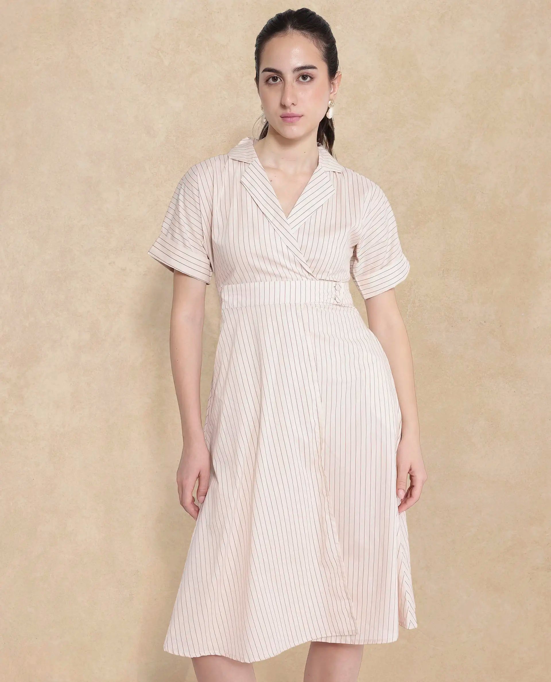 Rareism Women's Margareto Beige Cotton Blend Fabric Lapel Neck Button Closure Half Sleeve Striped Fit And Flare Midi Dress