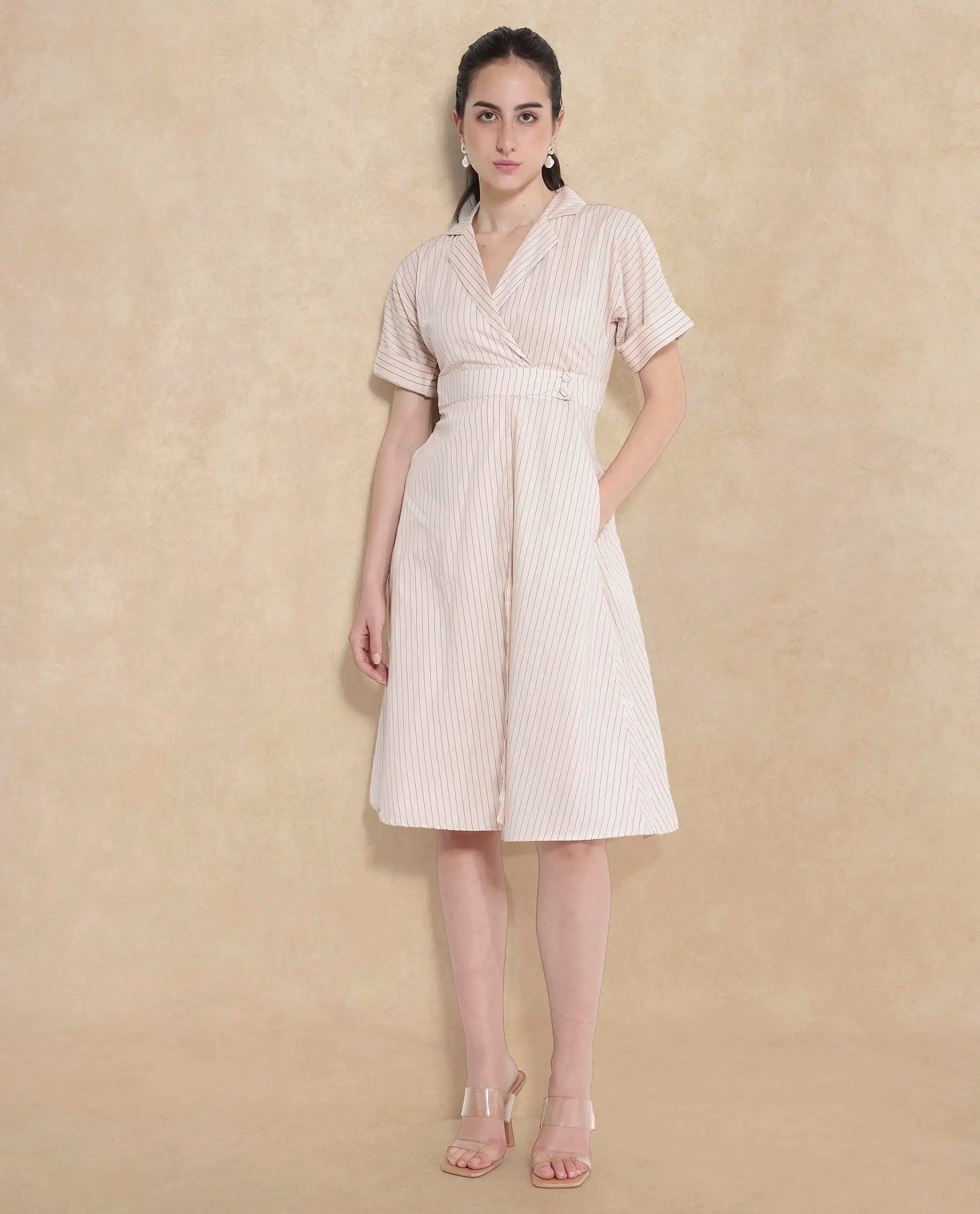 Rareism Women's Margareto Beige Cotton Blend Fabric Lapel Neck Button Closure Half Sleeve Striped Fit And Flare Midi Dress