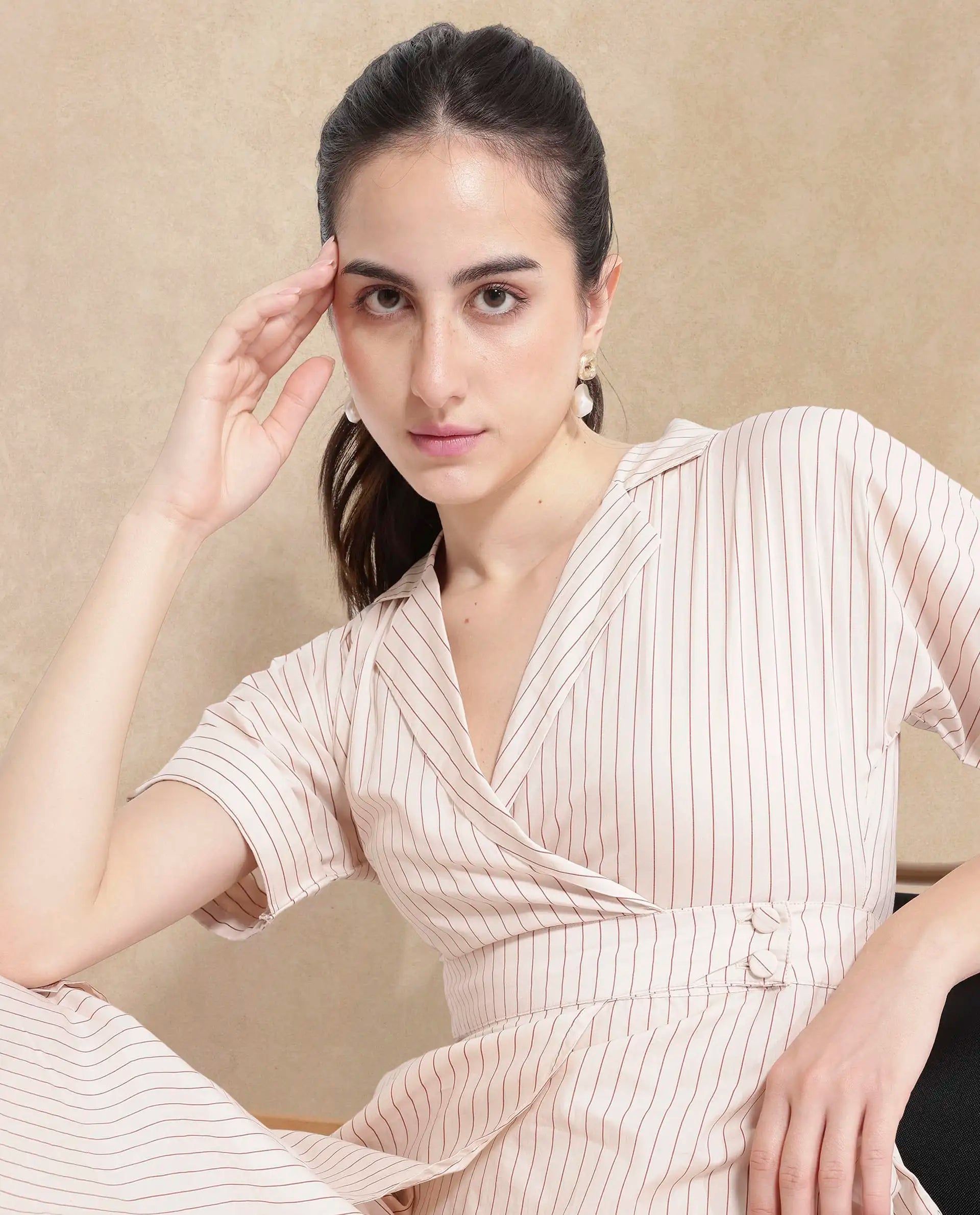 Rareism Women's Margareto Beige Cotton Blend Fabric Lapel Neck Button Closure Half Sleeve Striped Fit And Flare Midi Dress