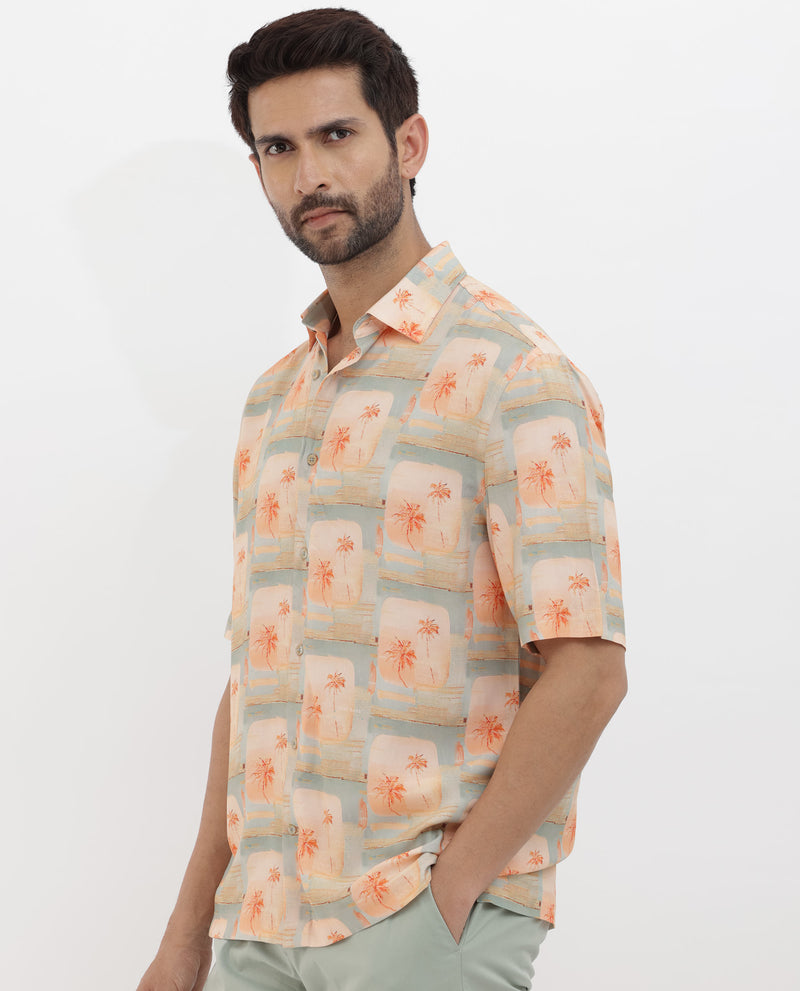 Rare Rabbit Men's Margon Light Peach Viscose Fabric Half Sleeves Boxy Fit Tropical Print Shirt