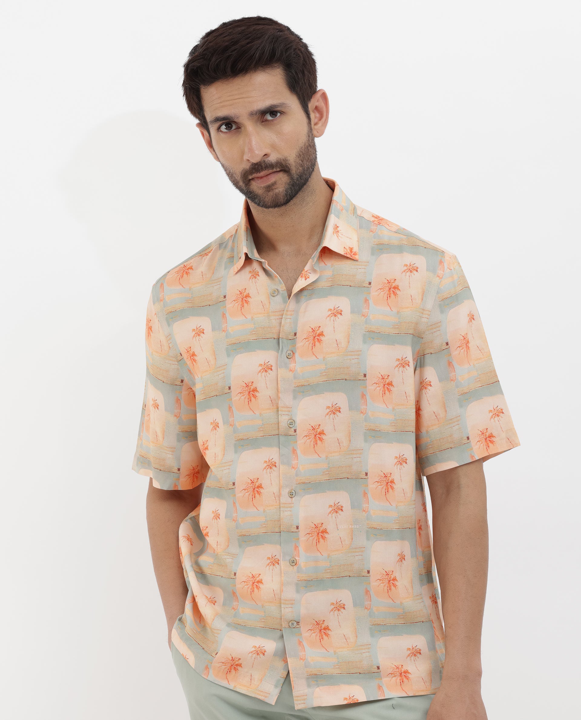Rare Rabbit Men's Margon Light Peach Viscose Fabric Half Sleeves Boxy Fit Tropical Print Shirt