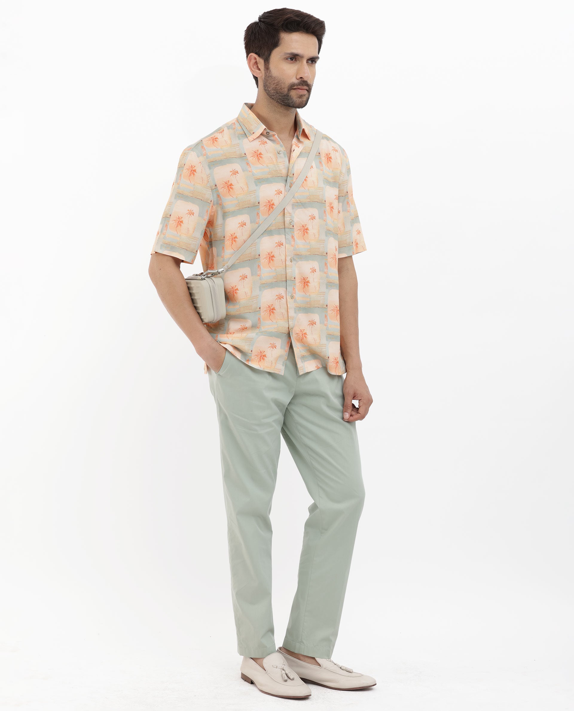 Rare Rabbit Men's Margon Light Peach Viscose Fabric Half Sleeves Boxy Fit Tropical Print Shirt