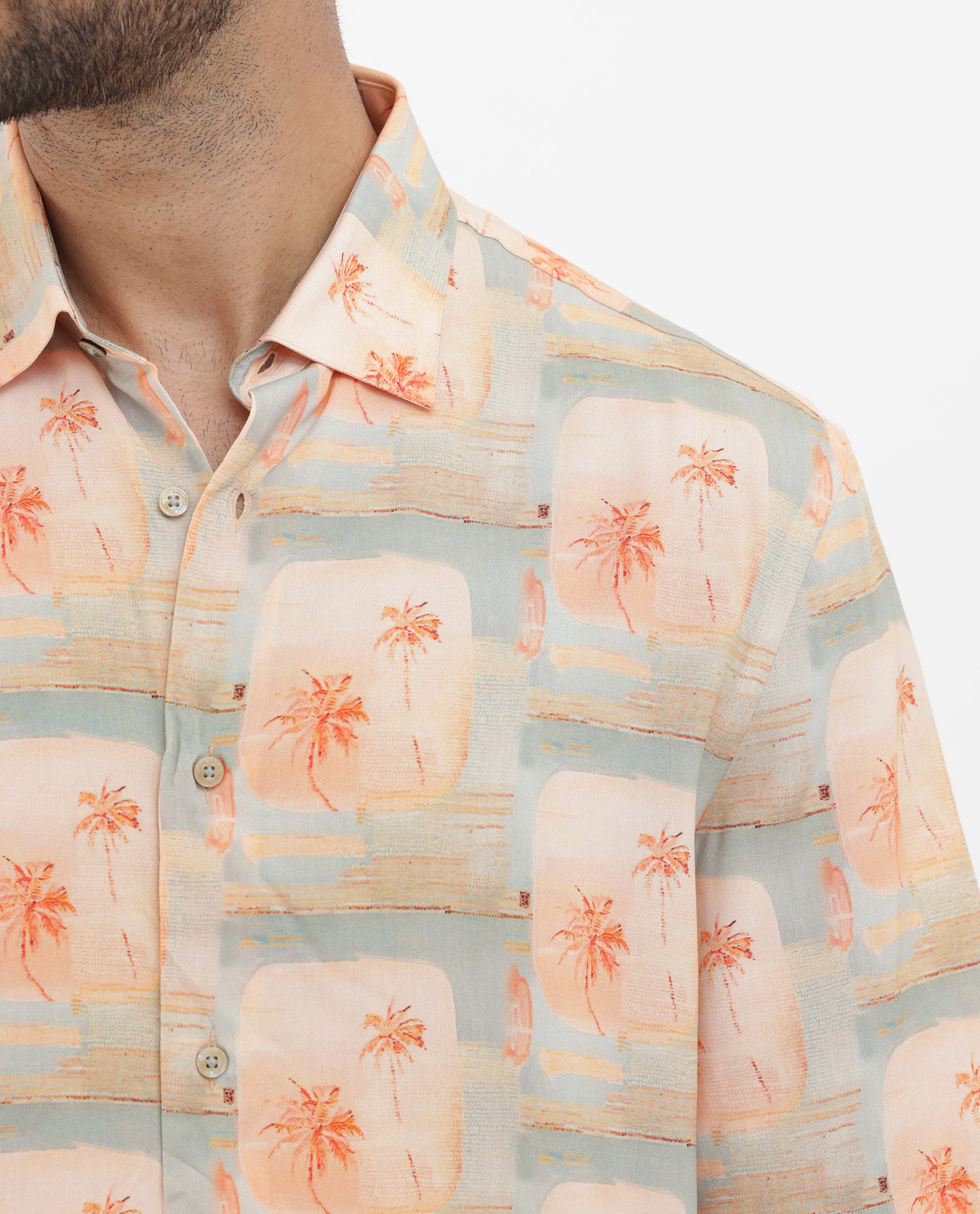 Rare Rabbit Men's Margon Light Peach Viscose Fabric Half Sleeves Boxy Fit Tropical Print Shirt