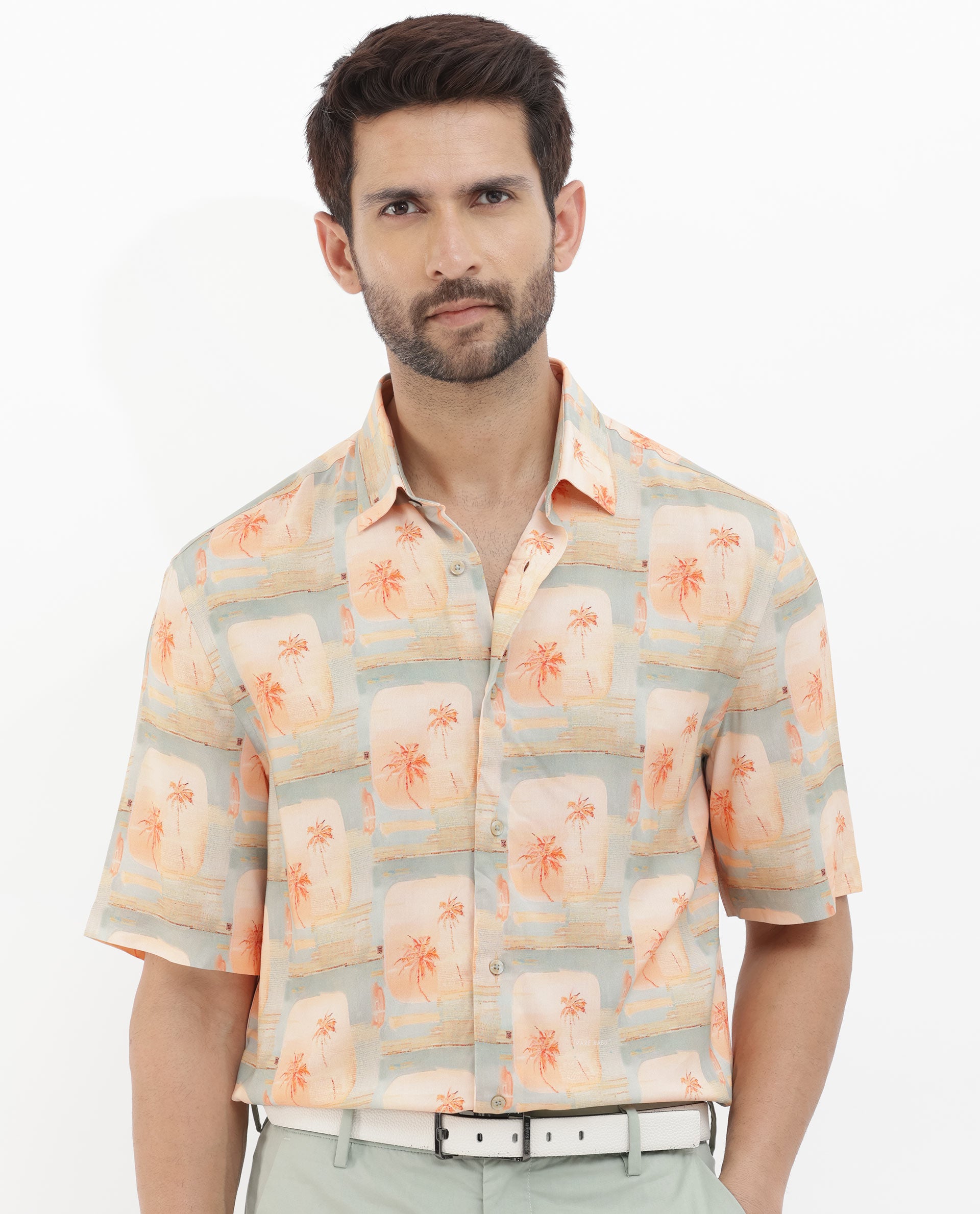 Rare Rabbit Men's Margon Light Peach Viscose Fabric Half Sleeves Boxy Fit Tropical Print Shirt