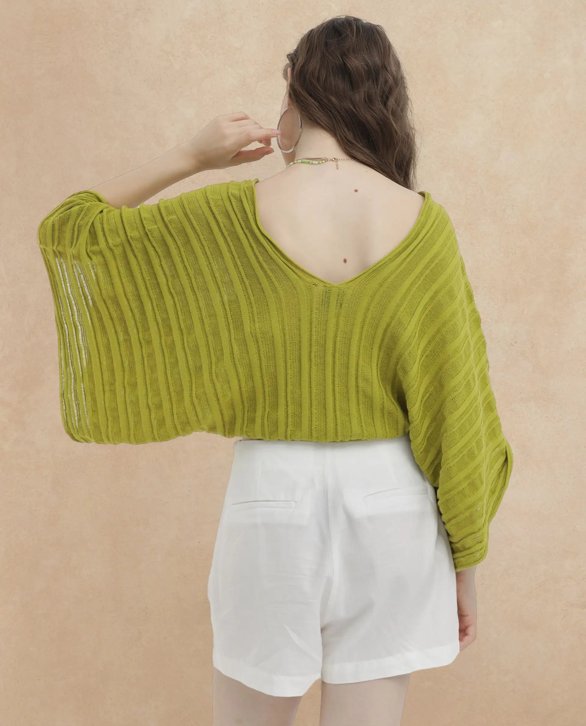 Rareism Women's Marida Olive Cotton V-Neck Plain Extended Sleeves Relaxed Fit Top