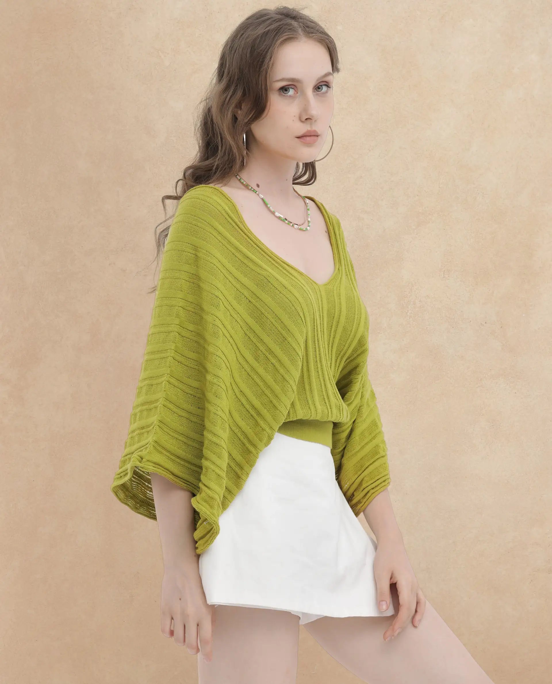 Rareism Women's Marida Olive Cotton V-Neck Plain Extended Sleeves Relaxed Fit Top