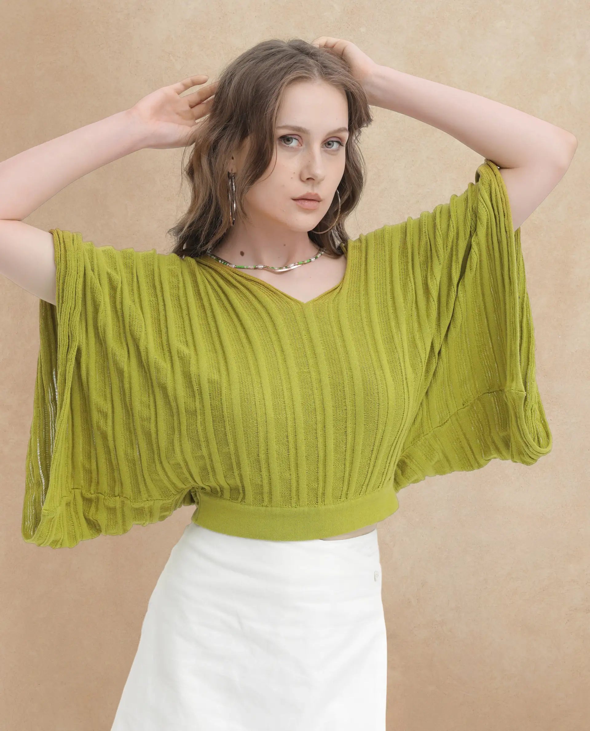 Rareism Women's Marida Olive Cotton V-Neck Plain Extended Sleeves Relaxed Fit Top