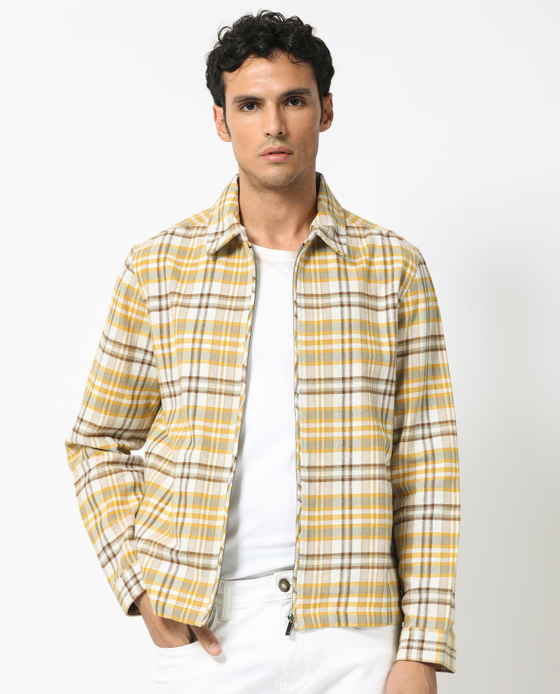 Rare Rabbit Men's Marino Yellow Cotton Fabric Full Sleeve Zip Closure Twill Checks Shacket