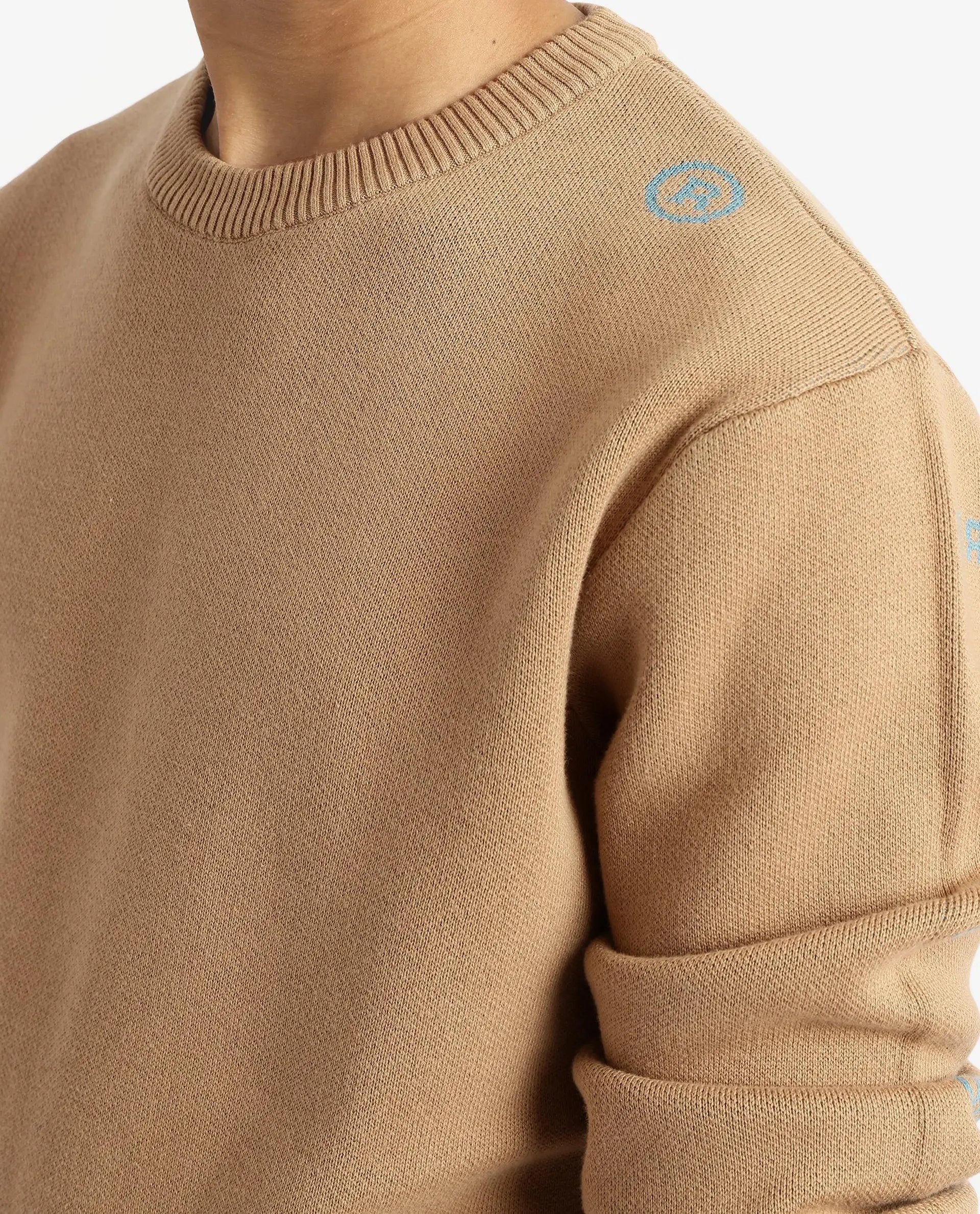 Rare Rabbit Men's Mario Beige Cotton Fabric Full Sleeve Crew Neck Jacquard Sweater