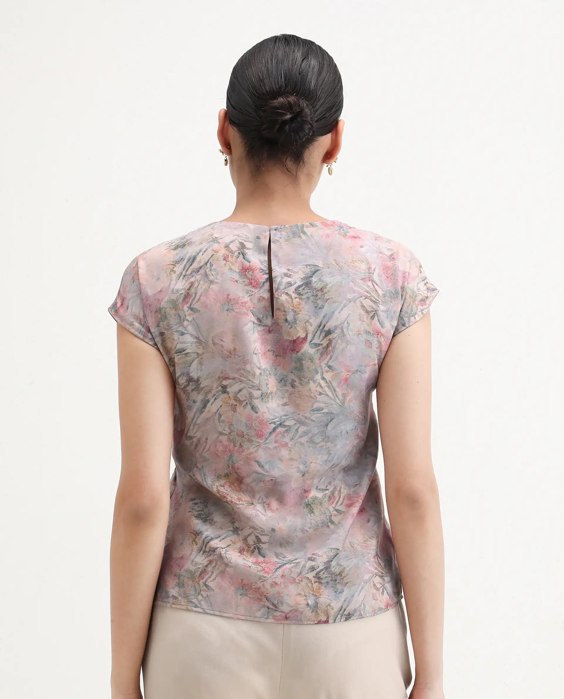 Rareism Women's Marsin Light Multi Polyester Crew Neck Regular Abstract Print Top