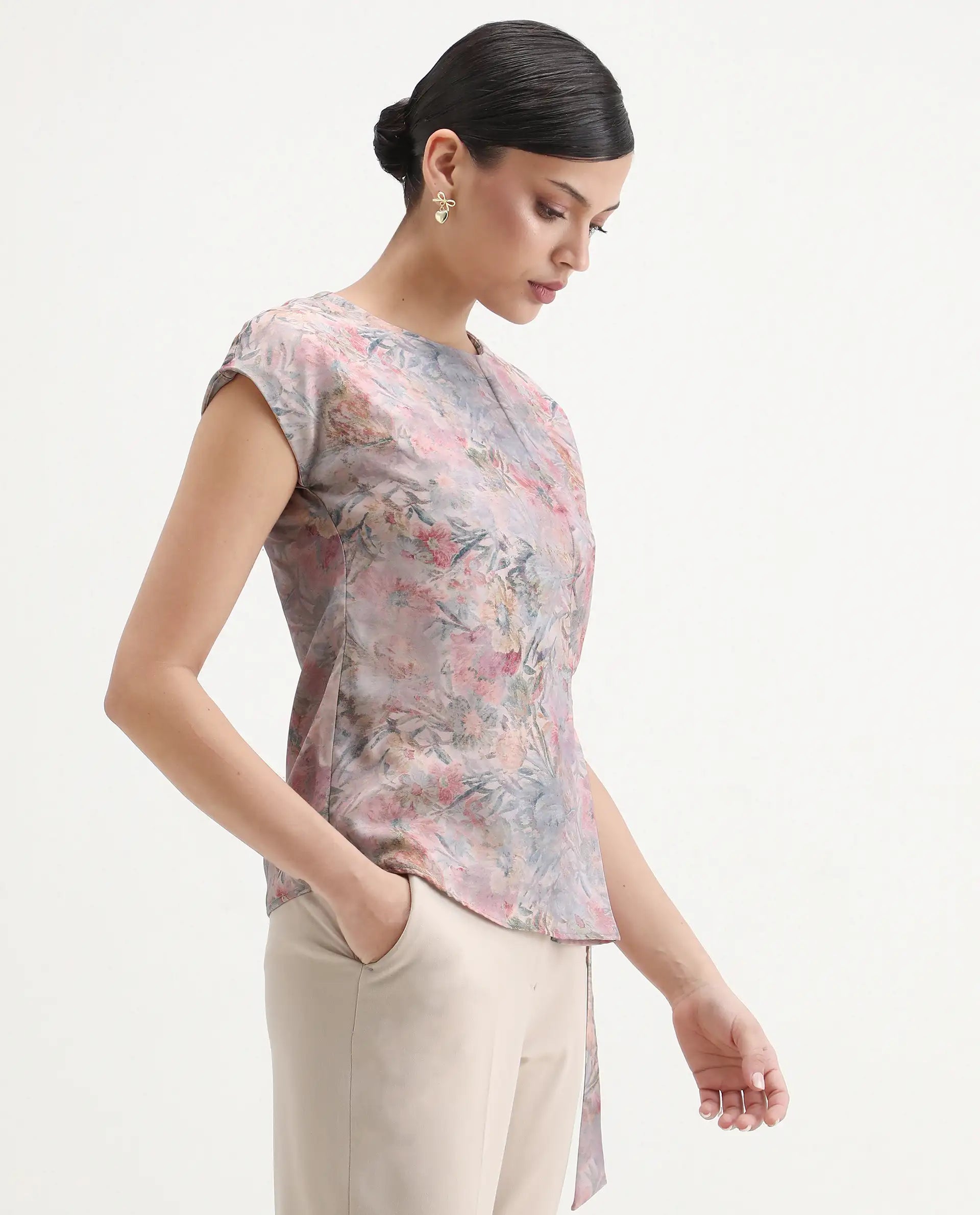 Rareism Women's Marsin Light Multi Polyester Crew Neck Regular Abstract Print Top
