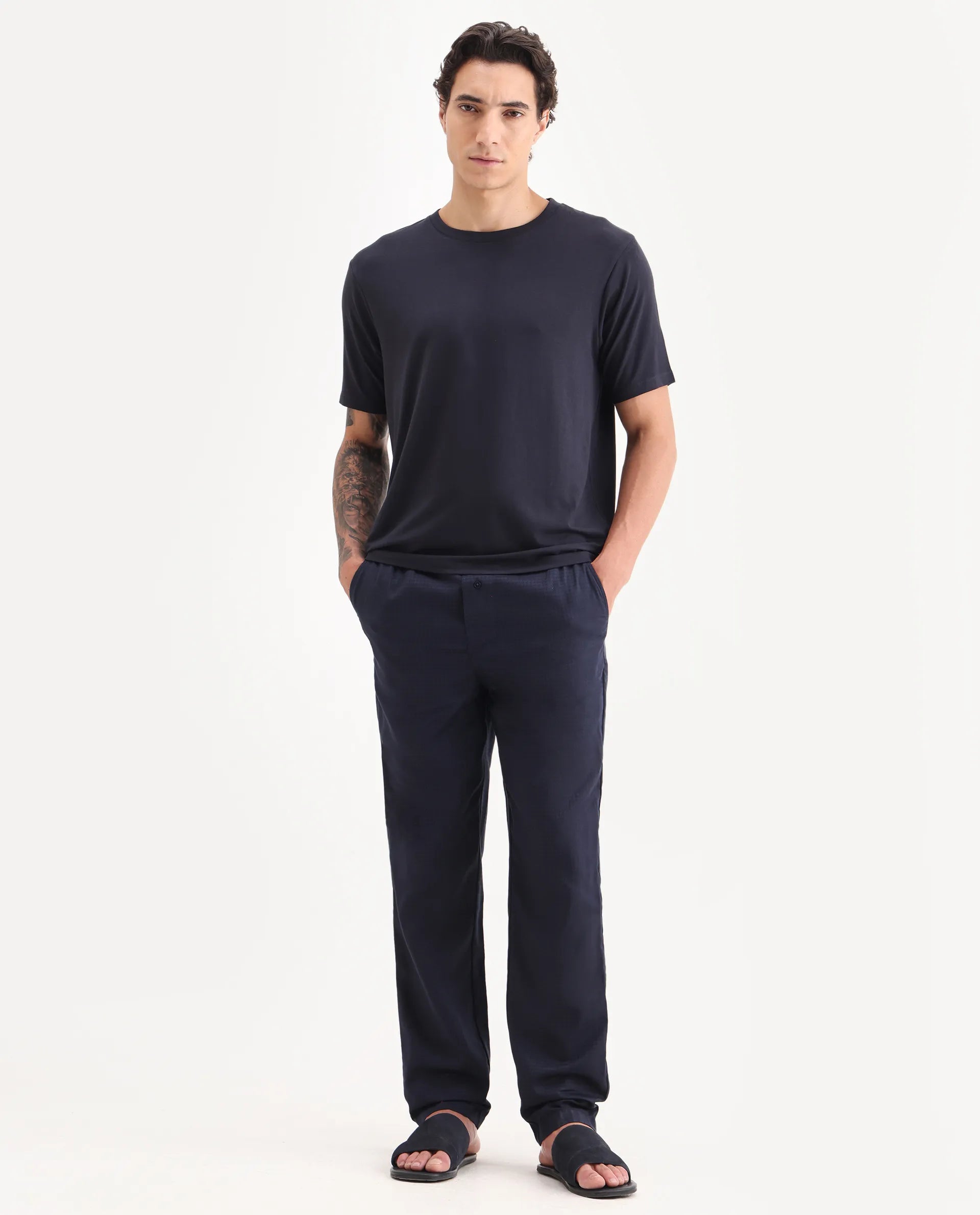 Rare Rabbit Men's Mariv Navy Cotton Fabric Regular Fit Checks Pajama