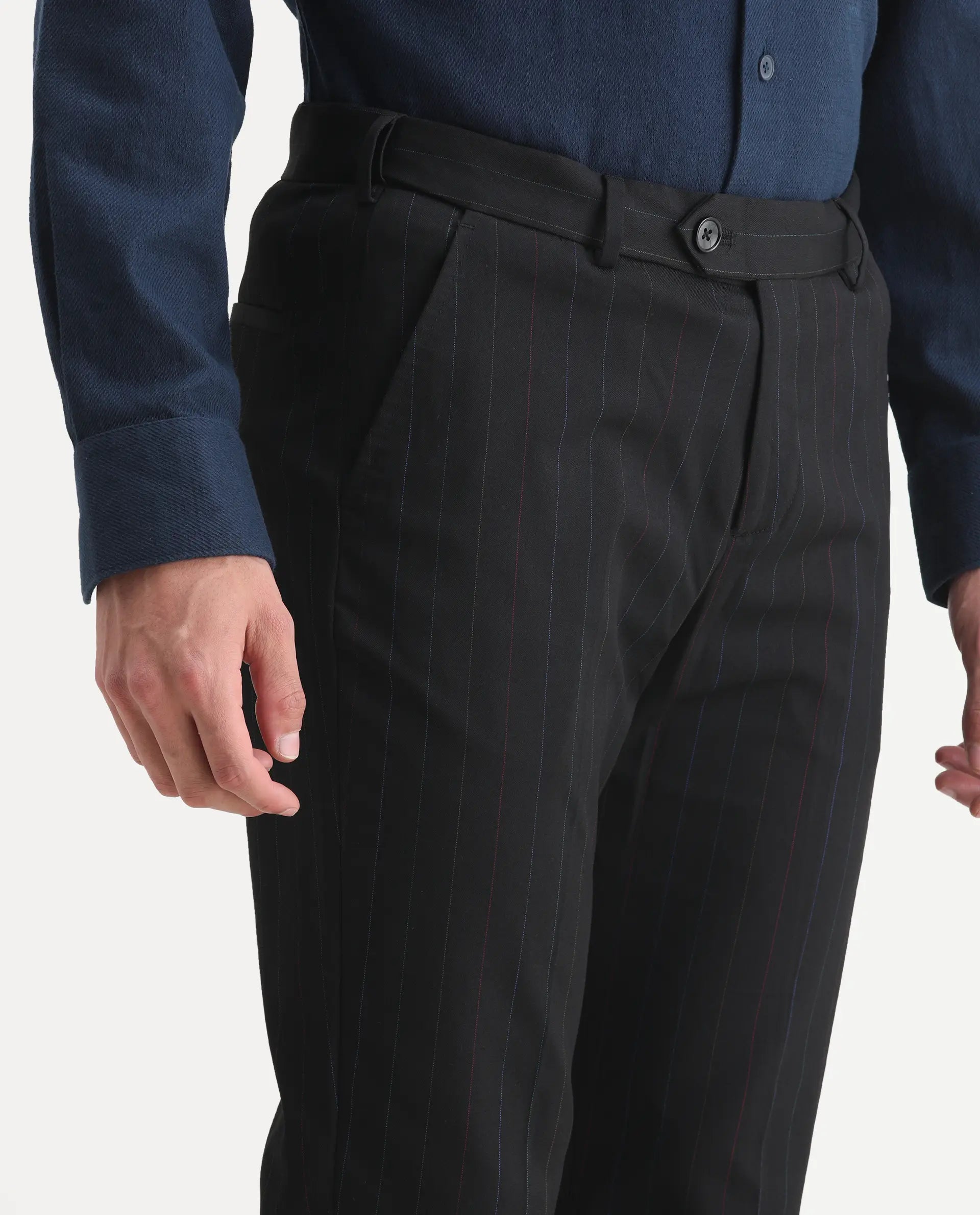 Rare Rabbit Men's Markas Black Polyester Striped Print Tailored Fit Full Sleeve Lapel Neck Suits