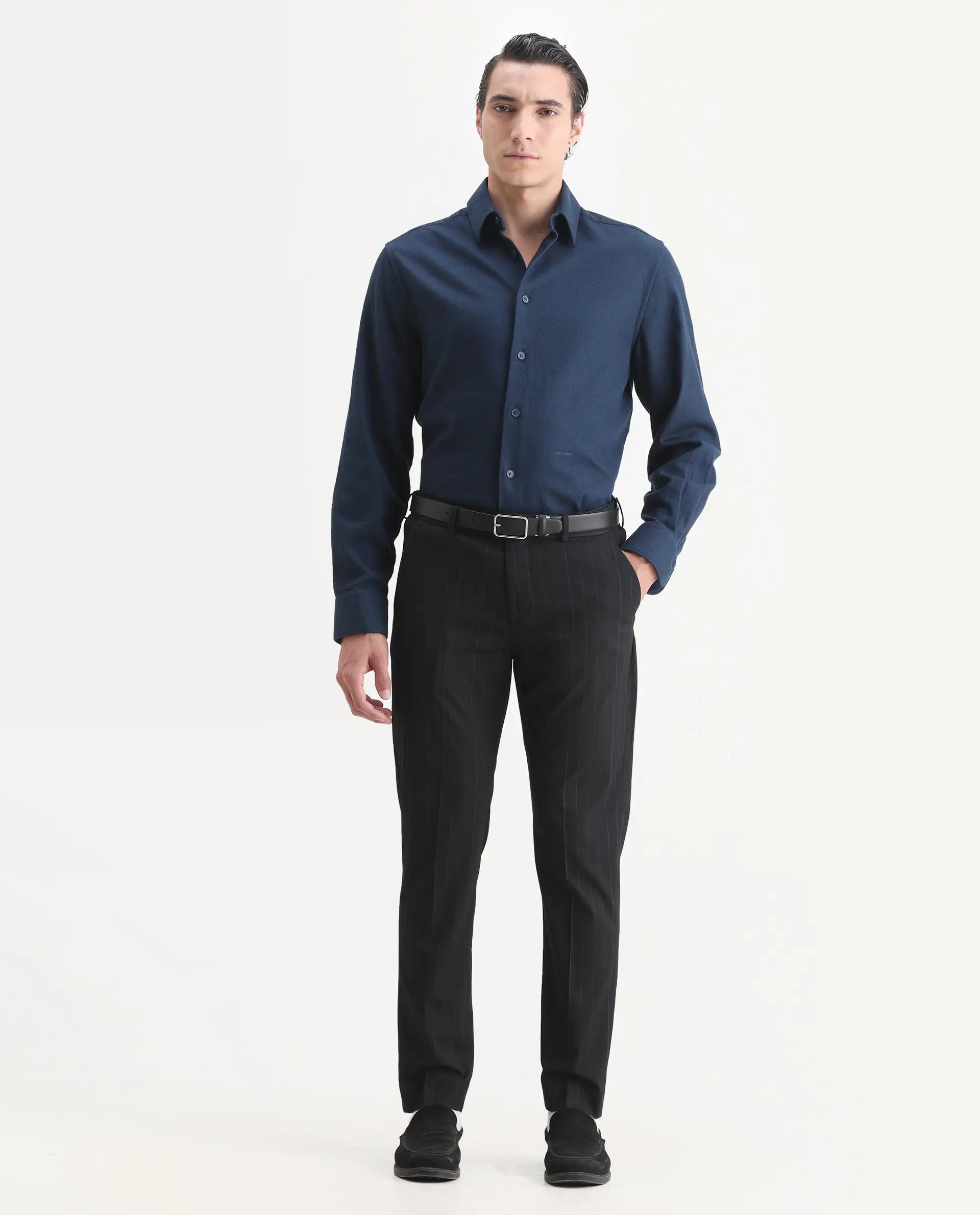 Rare Rabbit Men's Markas Black Polyester Striped Print Tailored Fit Full Sleeve Lapel Neck Suits