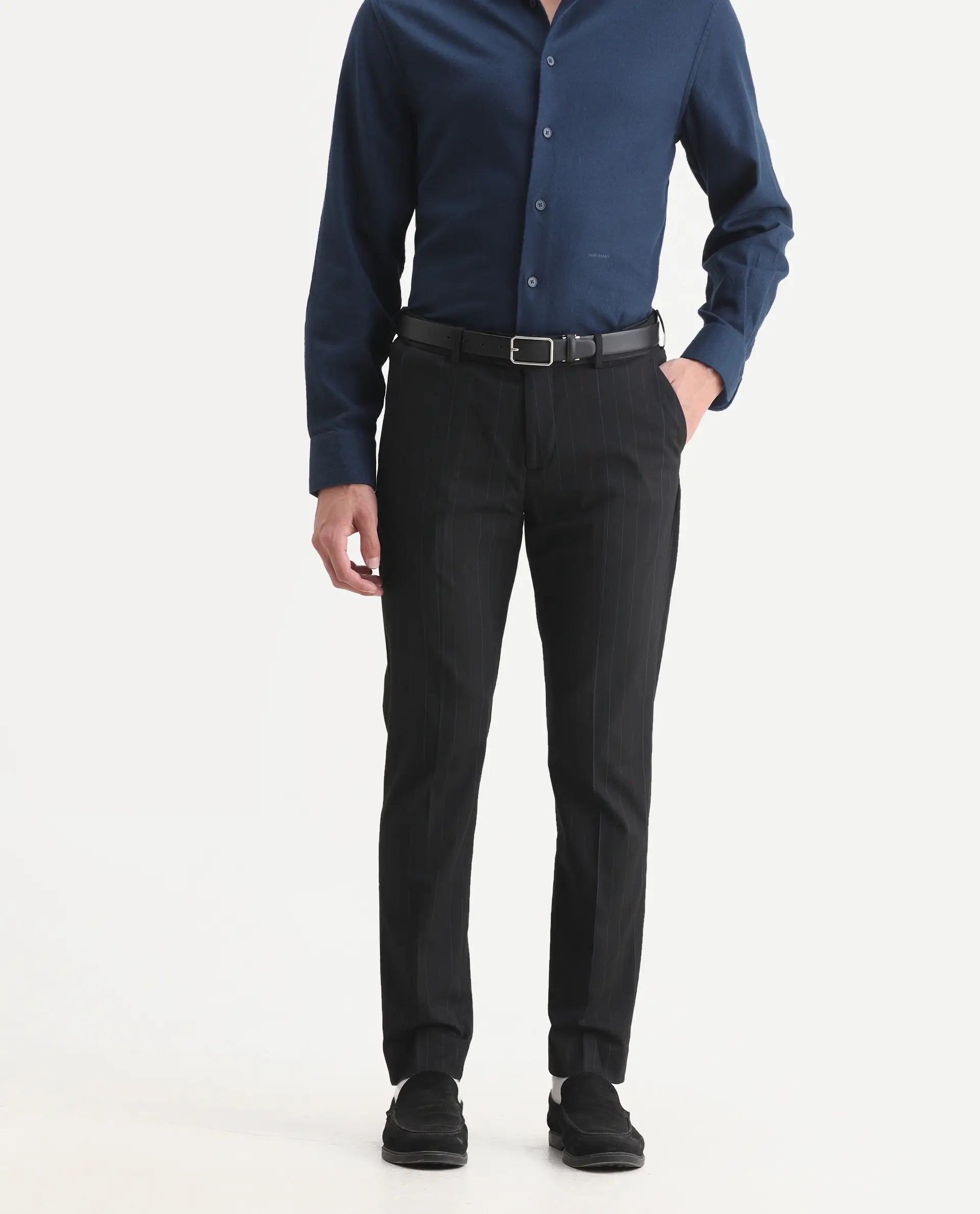 Rare Rabbit Men's Markas Black Polyester Striped Print Tailored Fit Full Sleeve Lapel Neck Suits