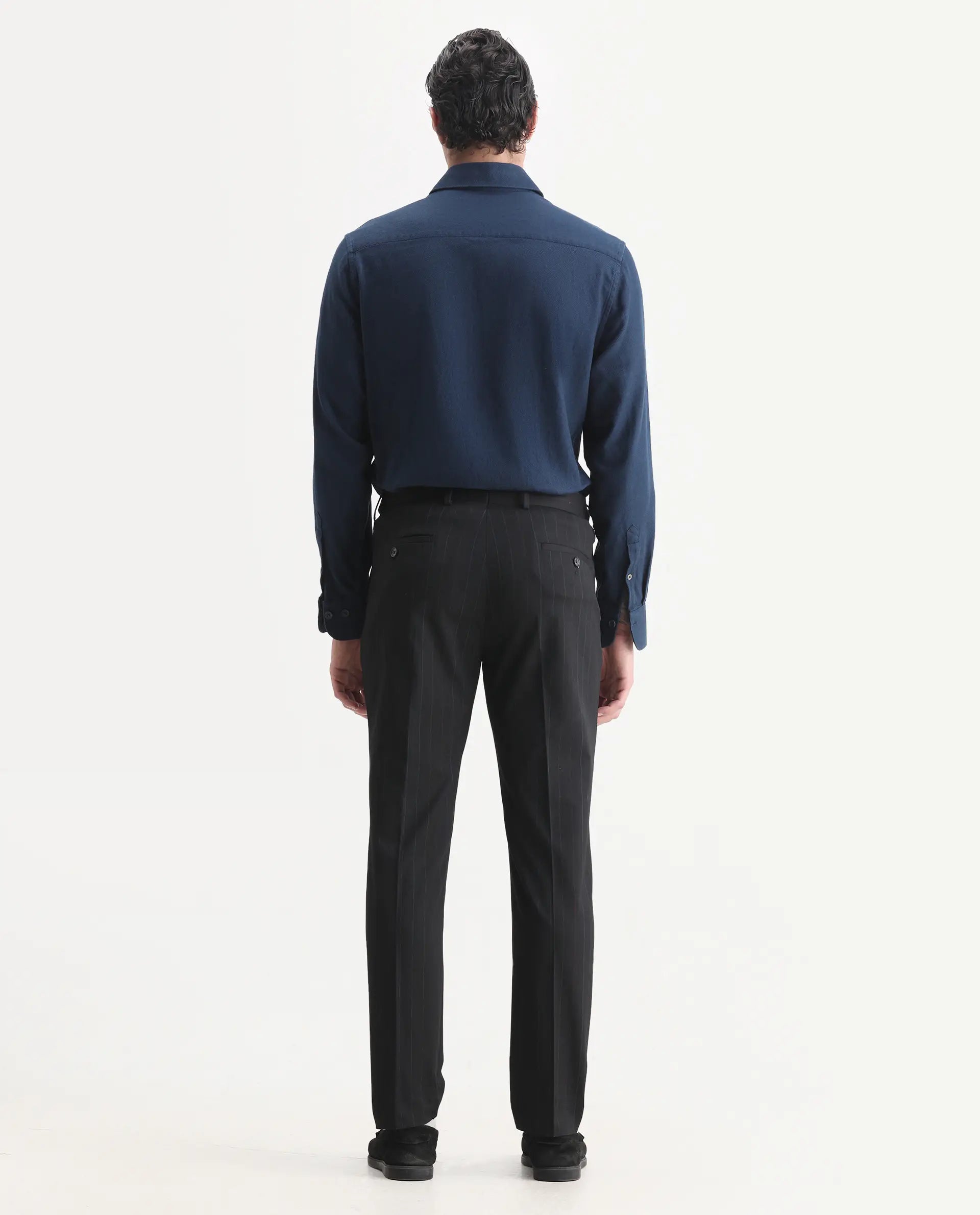 Rare Rabbit Men's Markas Black Polyester Striped Print Tailored Fit Full Sleeve Lapel Neck Suits