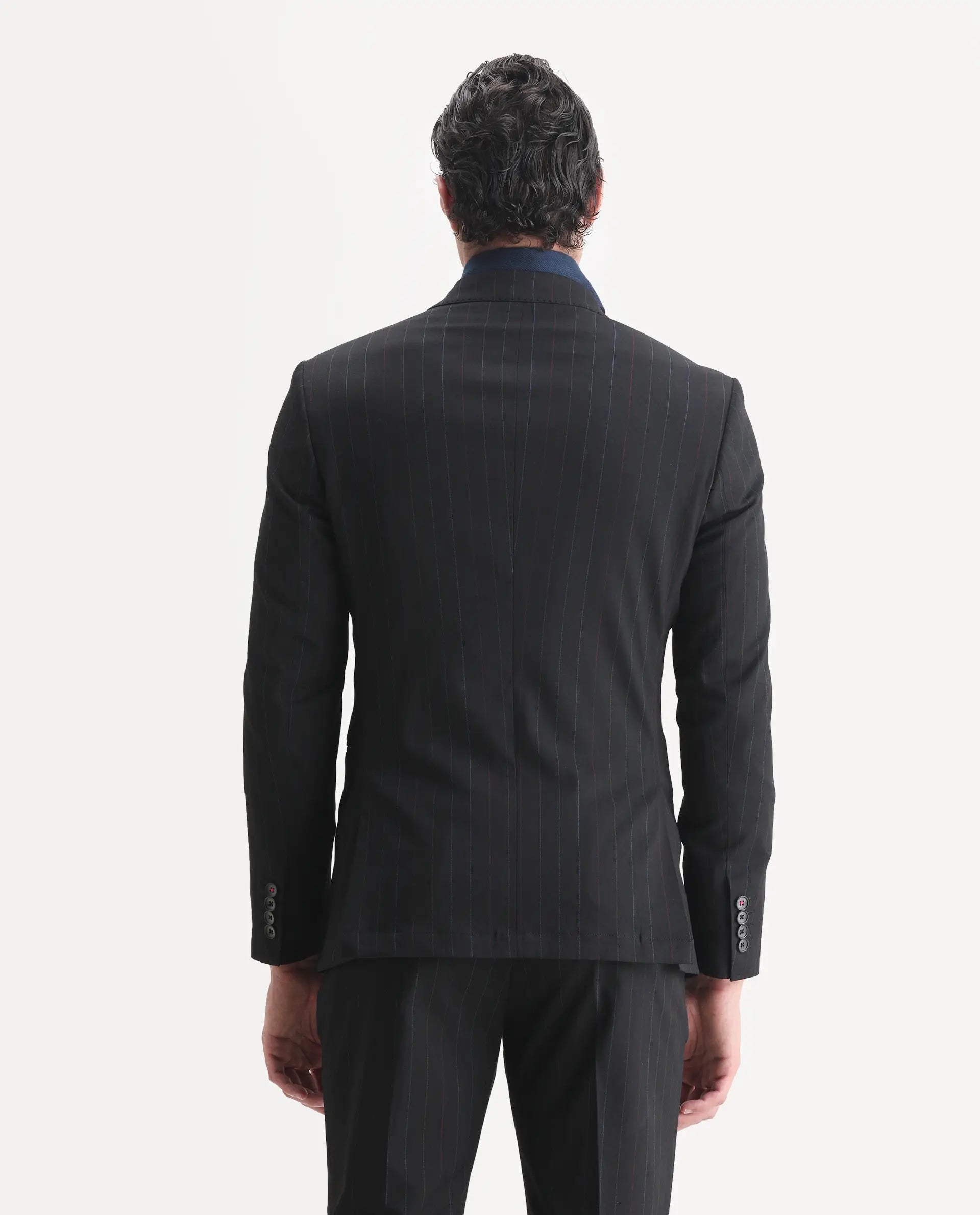 Rare Rabbit Men's Markas Black Polyester Striped Print Tailored Fit Full Sleeve Lapel Neck Suits