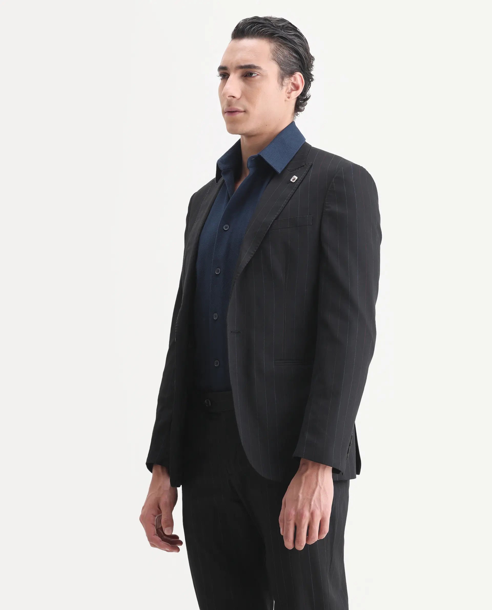 Rare Rabbit Men's Markas Black Polyester Striped Print Tailored Fit Full Sleeve Lapel Neck Suits