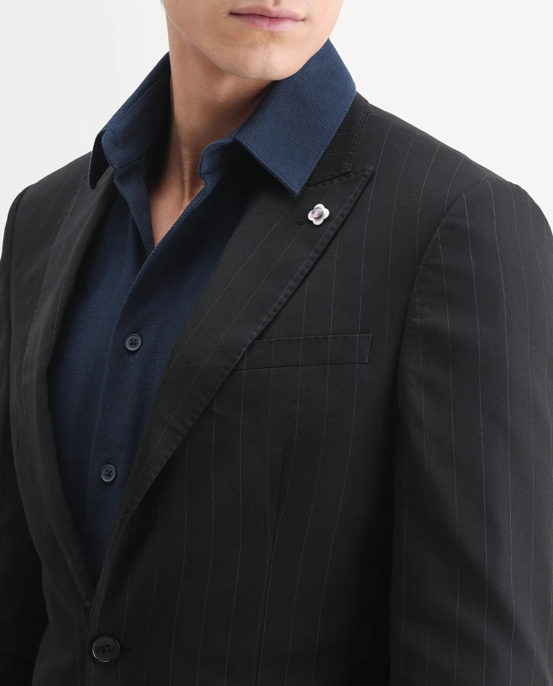 Rare Rabbit Men's Markas Black Polyester Striped Print Tailored Fit Full Sleeve Lapel Neck Suits