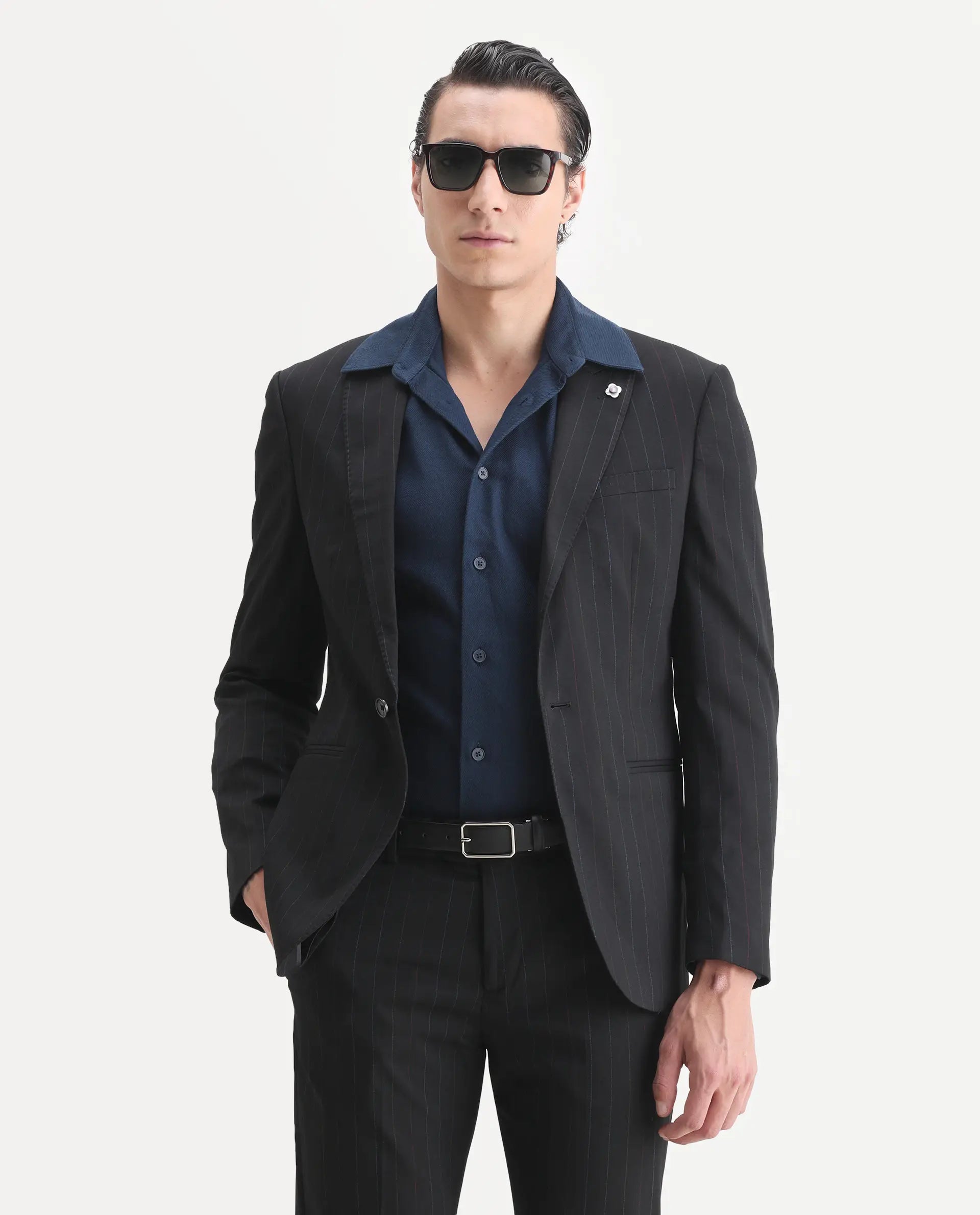 Rare Rabbit Men's Markas Black Polyester Striped Print Tailored Fit Full Sleeve Lapel Neck Suits