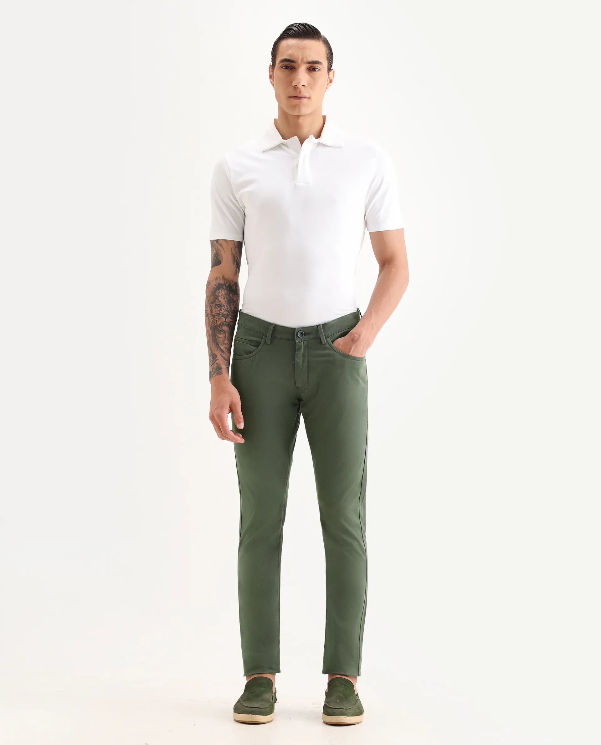 Rare Rabbit Men's Mark Green Cotton Plain Regular Fit Trouser