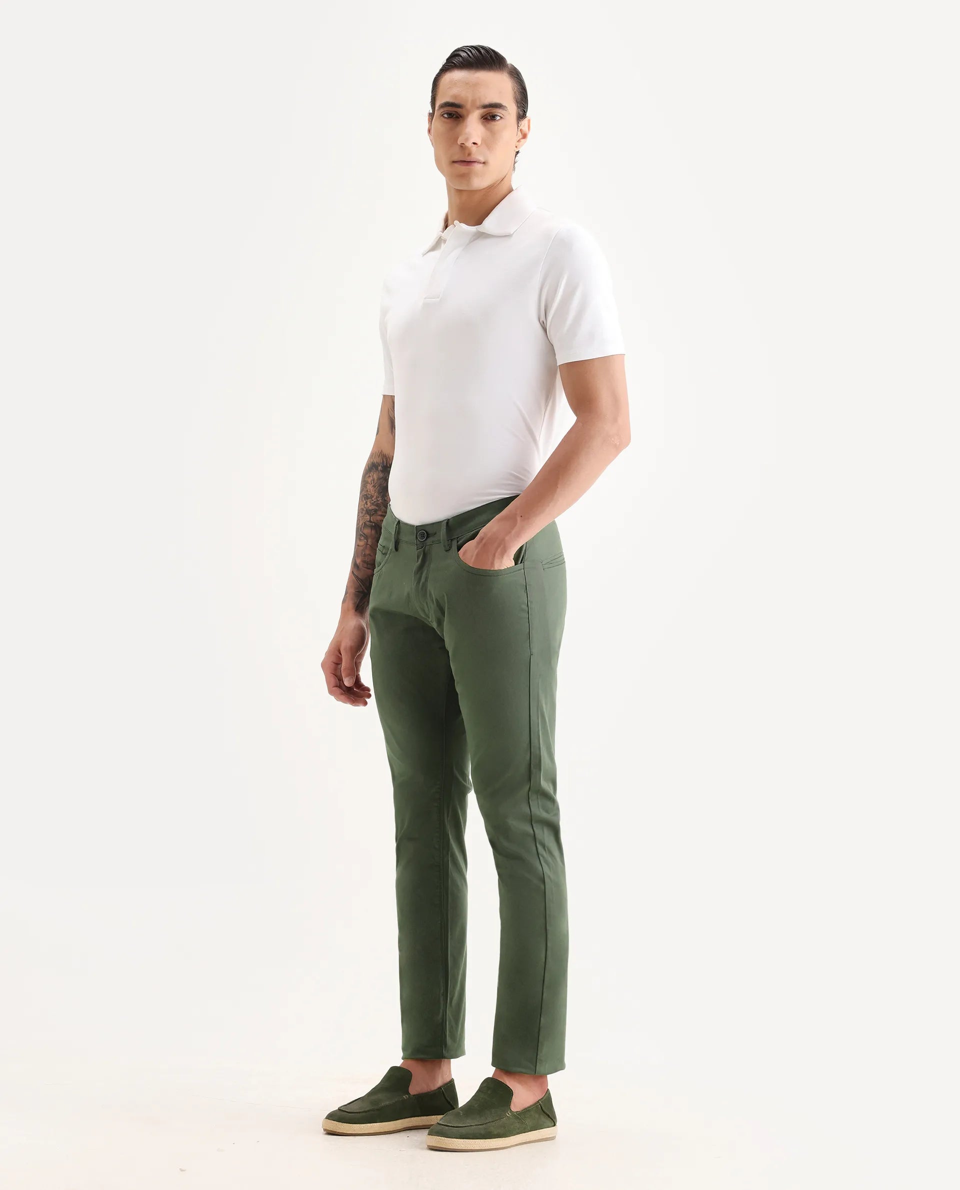 Rare Rabbit Men's Mark Green Cotton Plain Regular Fit Trouser