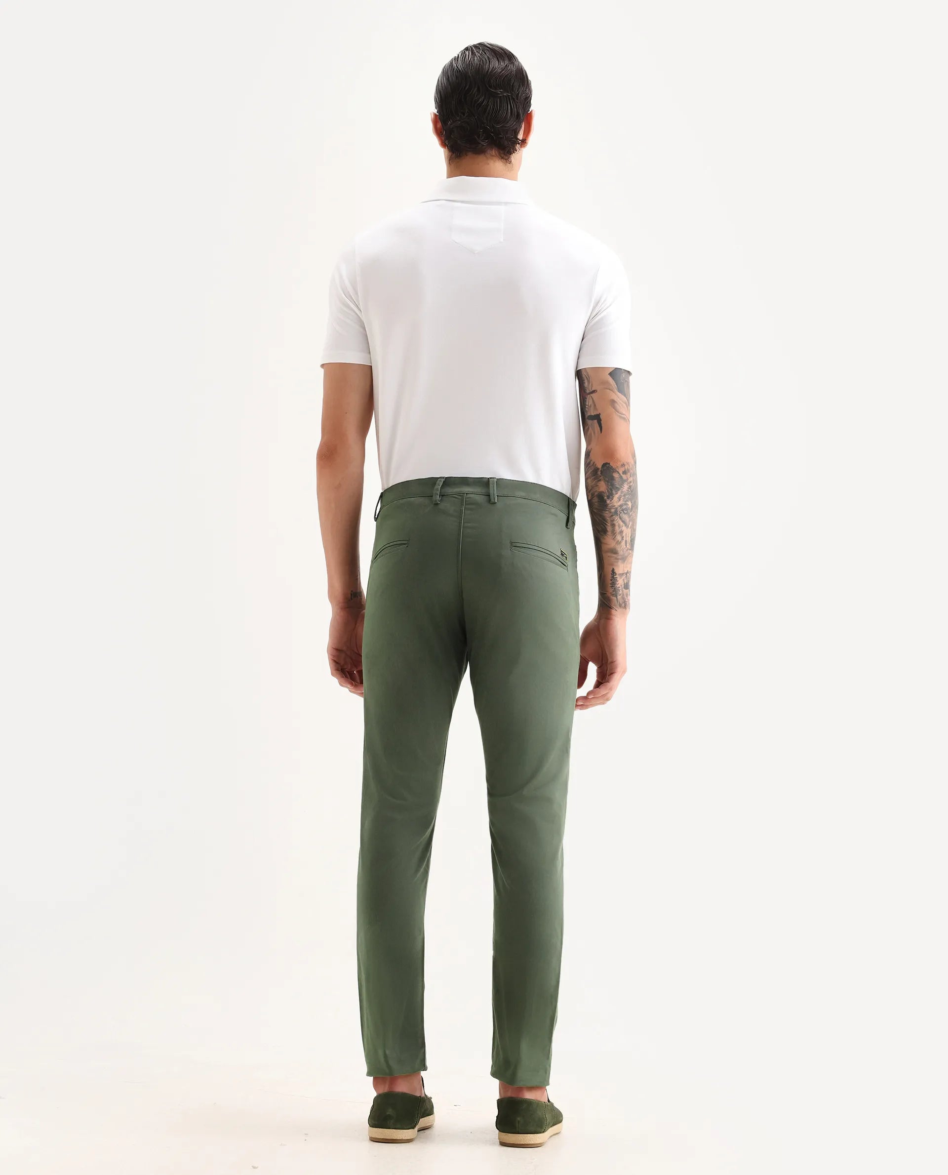 Rare Rabbit Men's Mark Green Cotton Plain Regular Fit Trouser