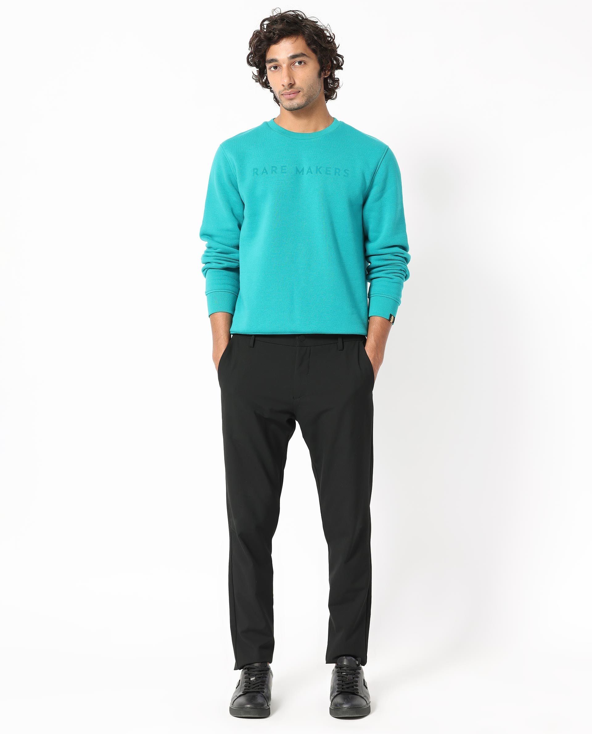 Rare Rabbit Men's Marko Petrol Cotton Polyester Fabric Full Sleeves Graphic Print Knitted Sweatshirt