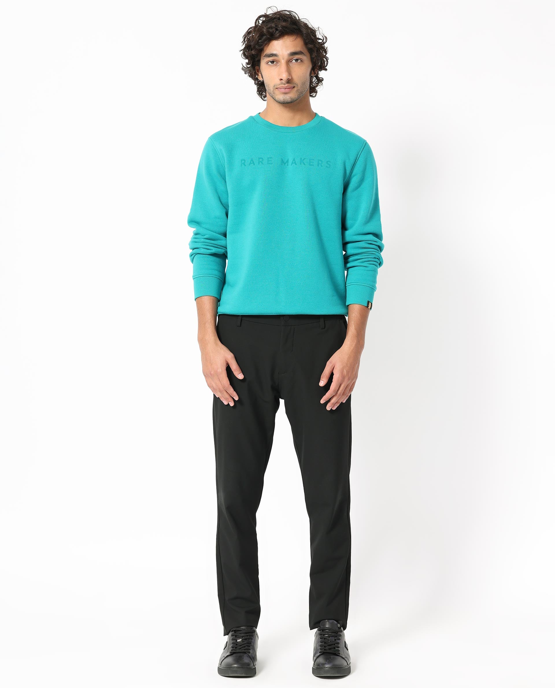 Rare Rabbit Men's Marko Petrol Cotton Polyester Fabric Full Sleeves Graphic Print Knitted Sweatshirt