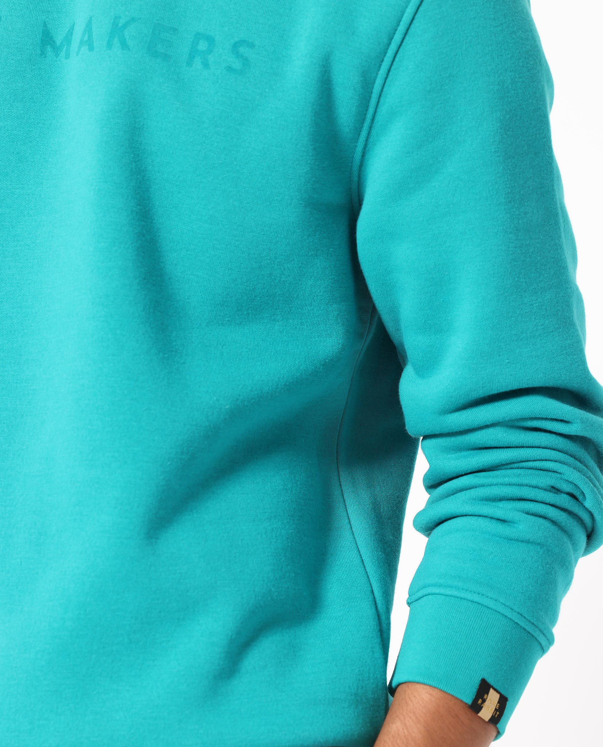 Rare Rabbit Men's Marko Petrol Cotton Polyester Fabric Full Sleeves Graphic Print Knitted Sweatshirt