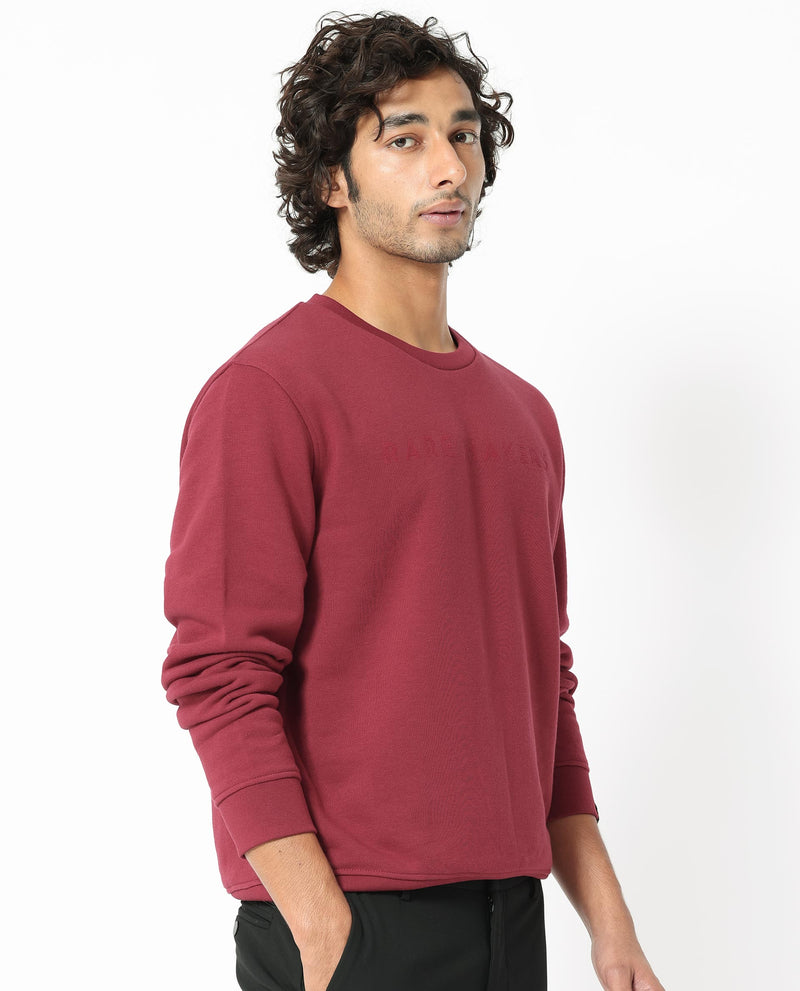 RARE RABBIT MENS MARKO RED SWEATSHIRT COTTON POLYESTER FABRIC ROUND NECK KNITTED FULL SLEEVES COMFORTABLE FIT
