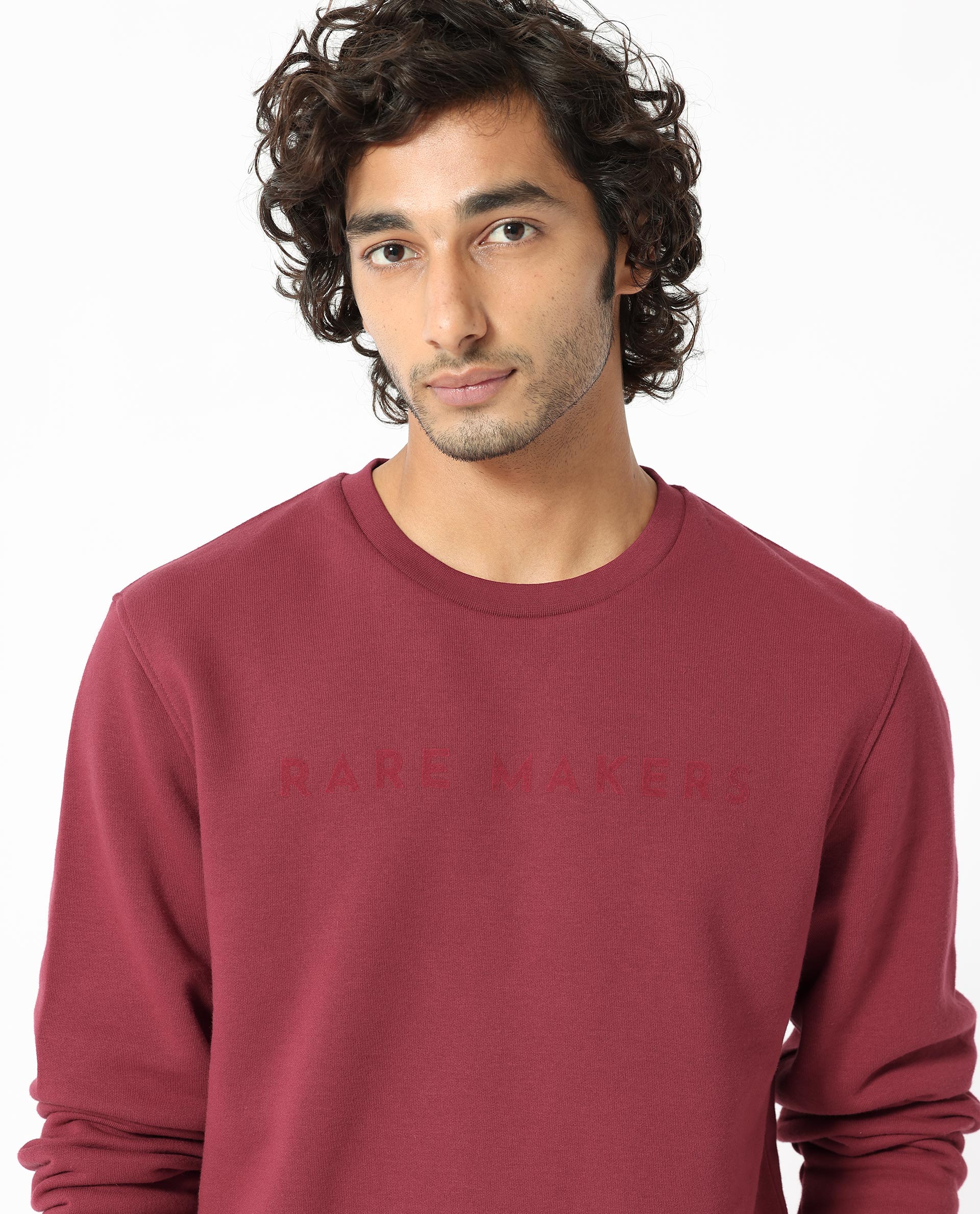 Rare Rabbit Men's Marko Red Cotton Polyester Fabric Full Sleeves Graphic Print Knitted Sweatshirt