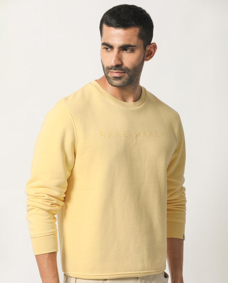 Rare Rabbit Men's Marko Yellow Cotton Polyester Fabric Full Sleeves Graphic Print Knitted Sweatshirt