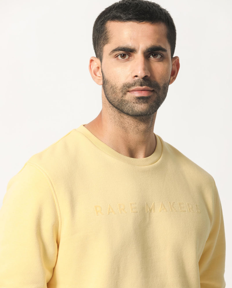 Rare Rabbit Men's Marko Yellow Cotton Polyester Fabric Full Sleeves Graphic Print Knitted Sweatshirt