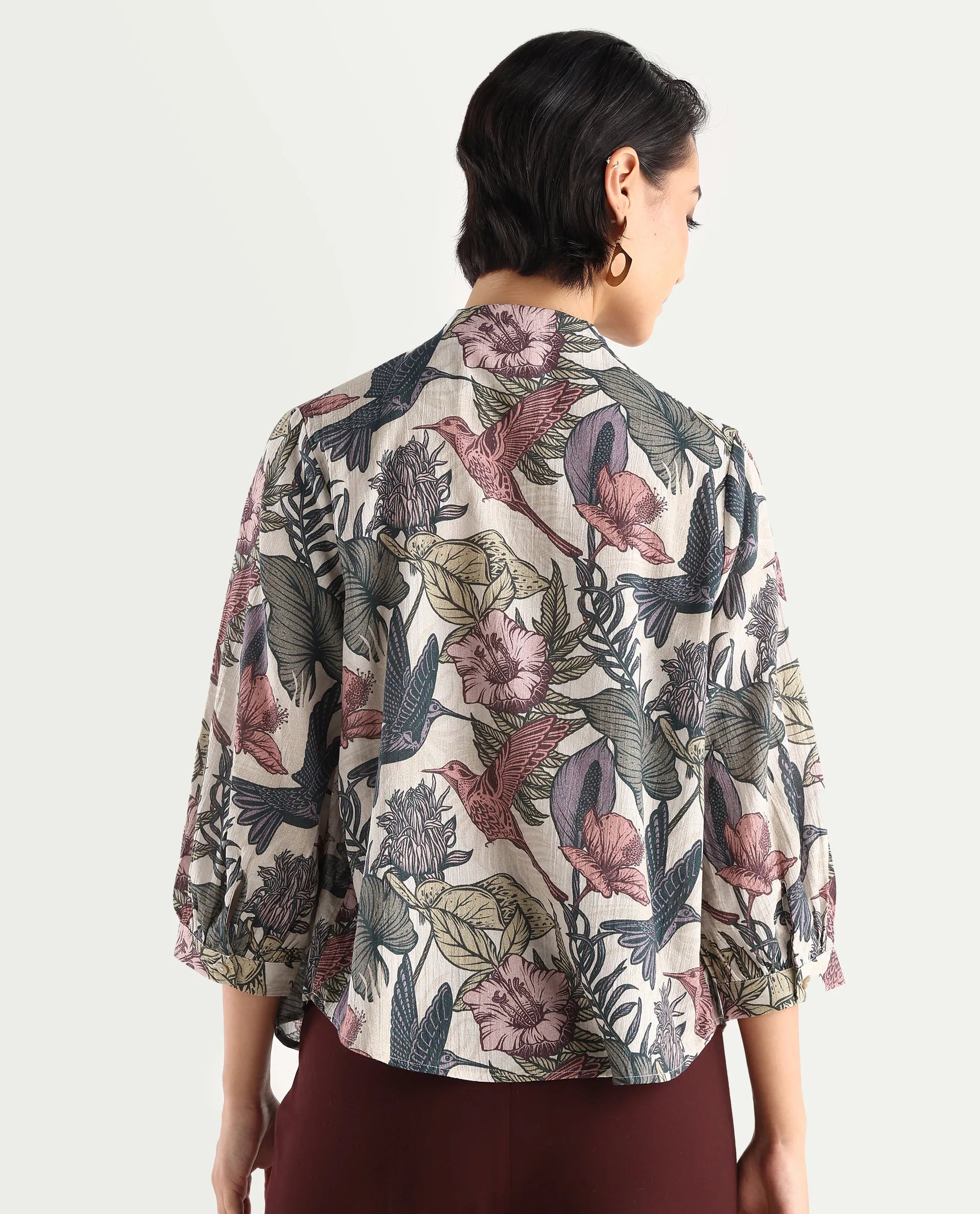 Rareism Women's Marlia Multi Cotton Blend V-Neck Tropical Print Balloon Sleeve Regular Fit Top