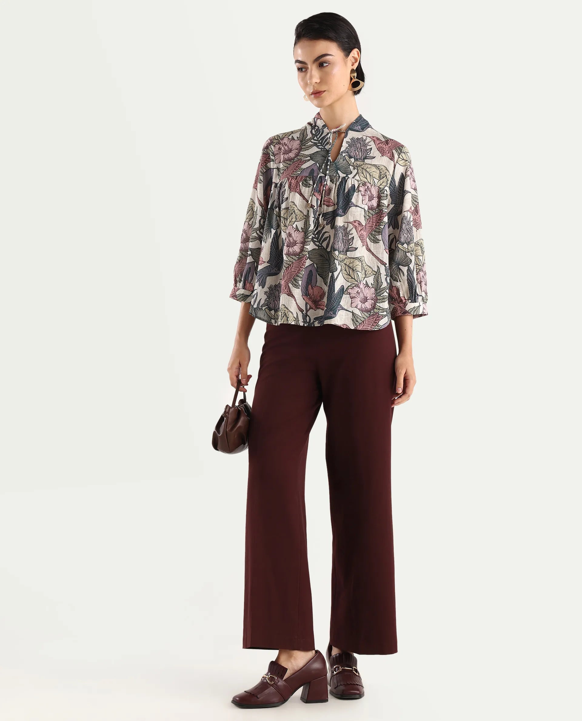 Rareism Women's Marlia Multi Cotton Blend V-Neck Tropical Print Balloon Sleeve Regular Fit Top