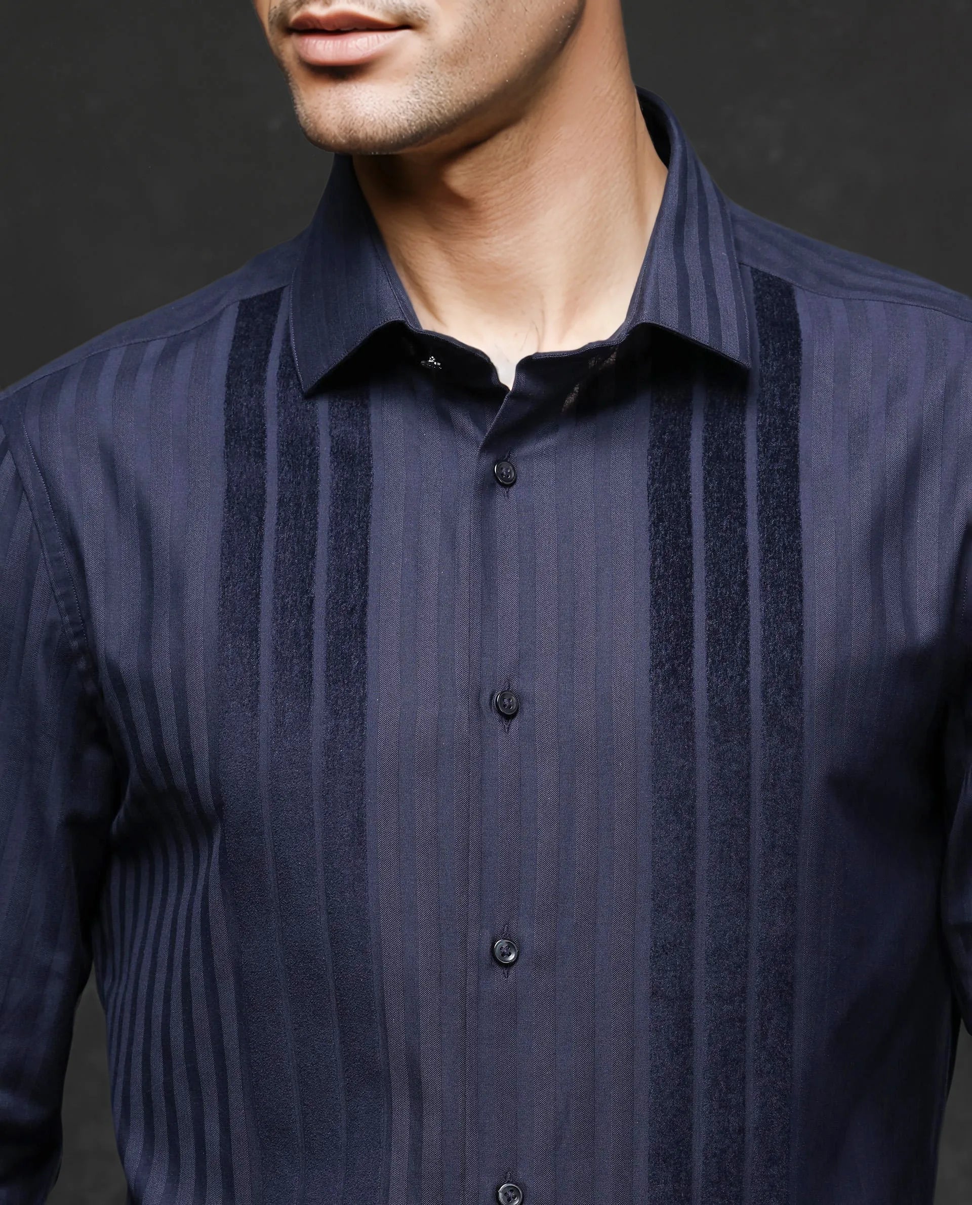 Rare Rabbit Men Marlin-2 Navy Cotton Fabric Full Sleeve Regular Fit Premium Party Flock Stripe Shirt