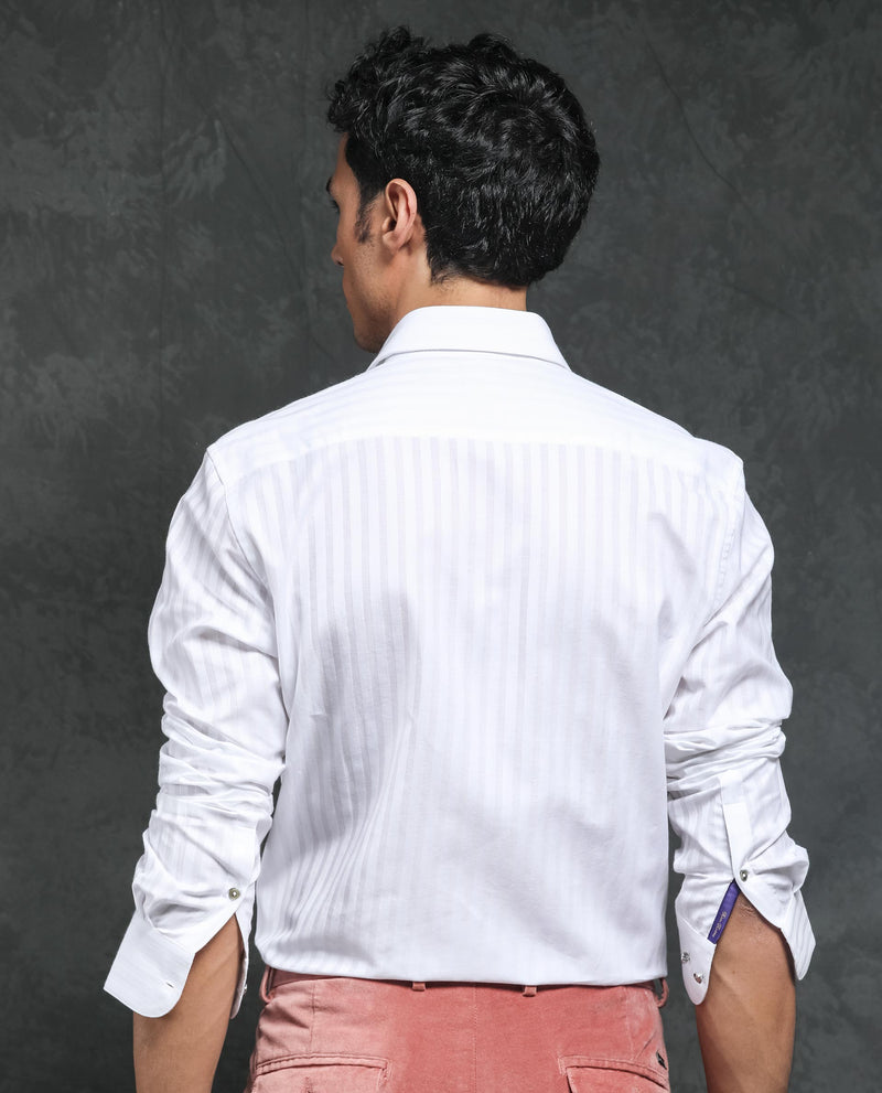 Rare Rabbit Men's Marlin White Cotton Fabric Full Sleeves Striped Shirt