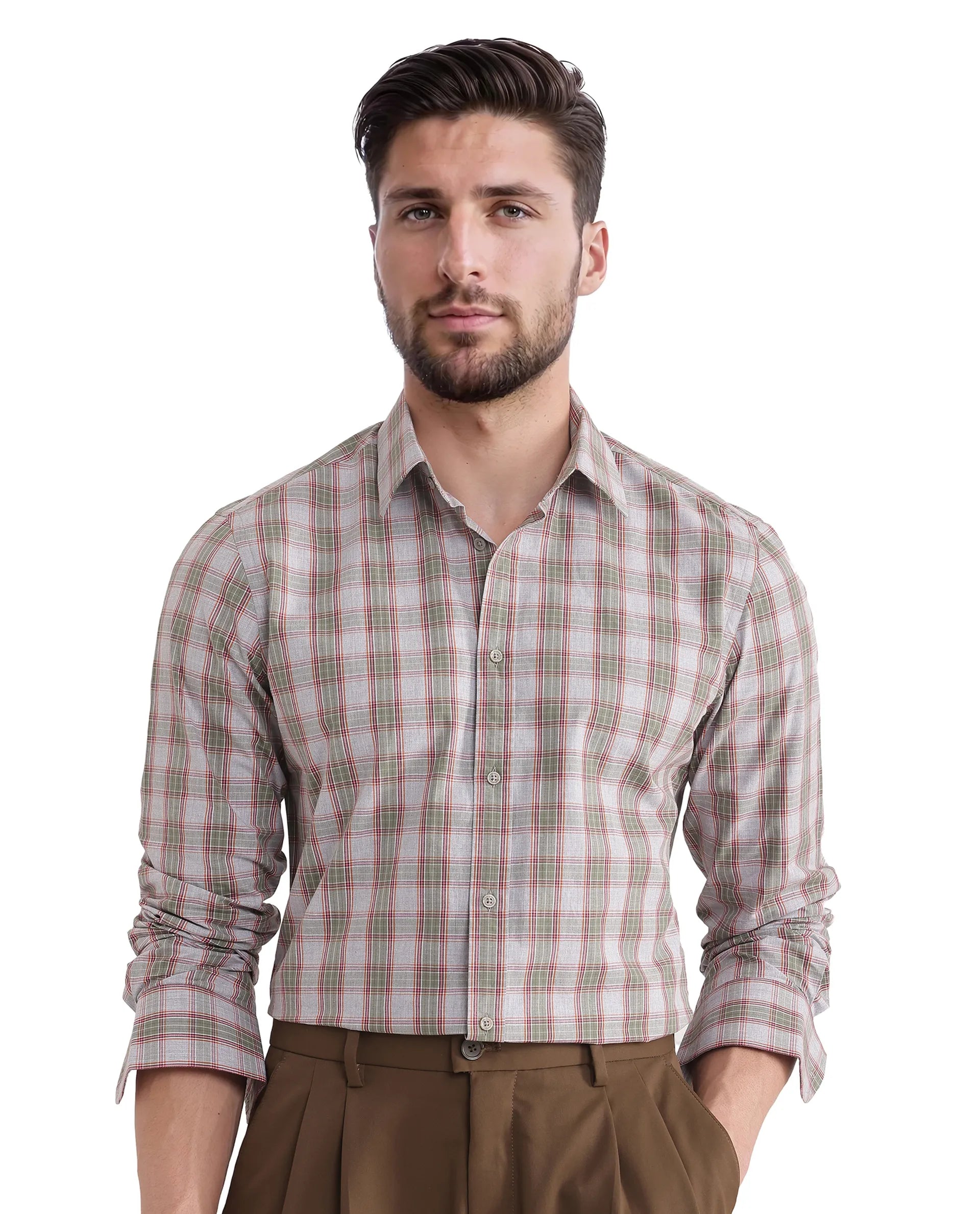 Rare Rabbit Men Marn Dusky Green Cotton Fabric Full Sleeves Regular Collared Button Closure Yard Check Shirt