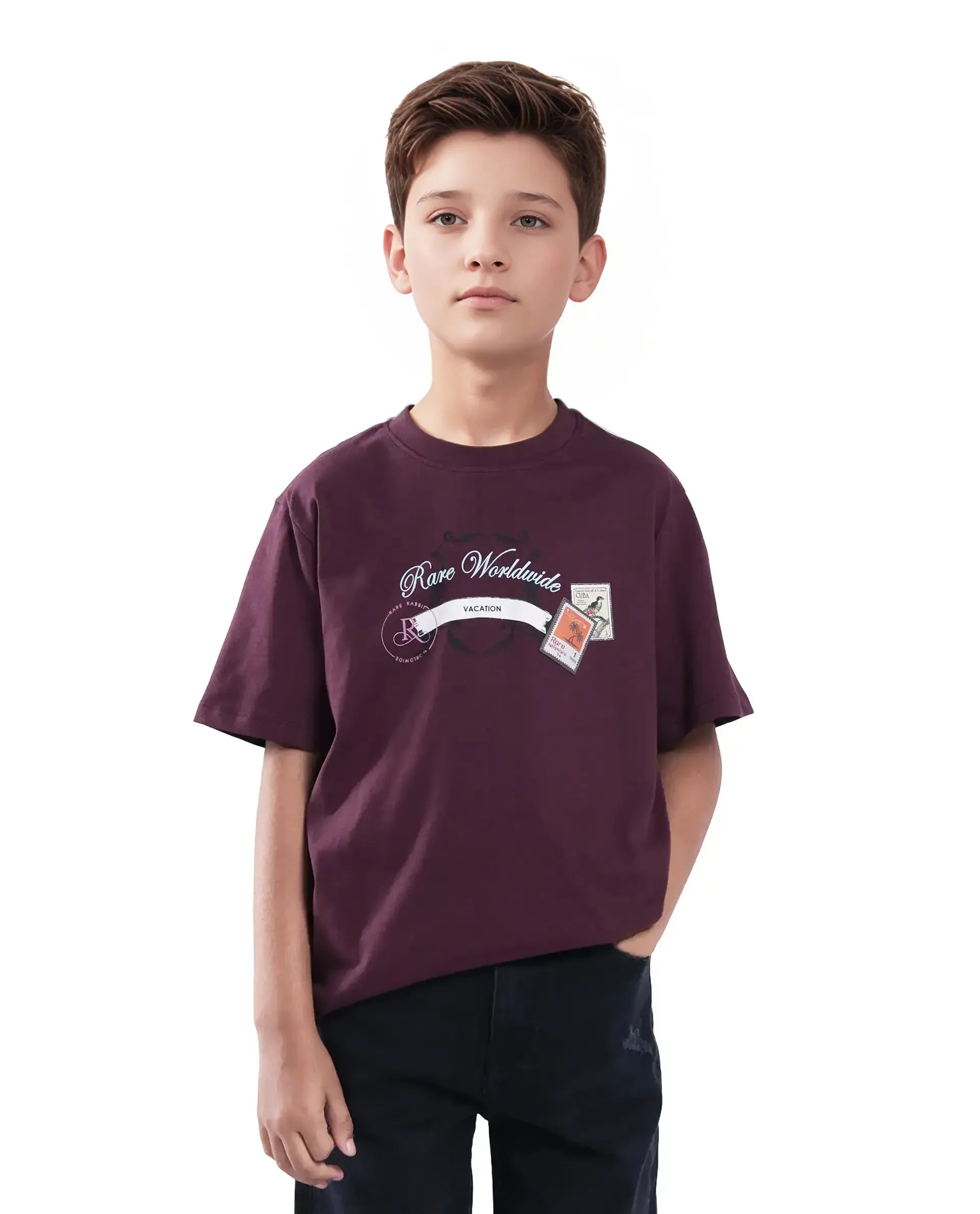 Rare Ones Kids Marn Maroon Cotton Blend Half Sleeve Slip-On Printed Regular Fit T-Shirt