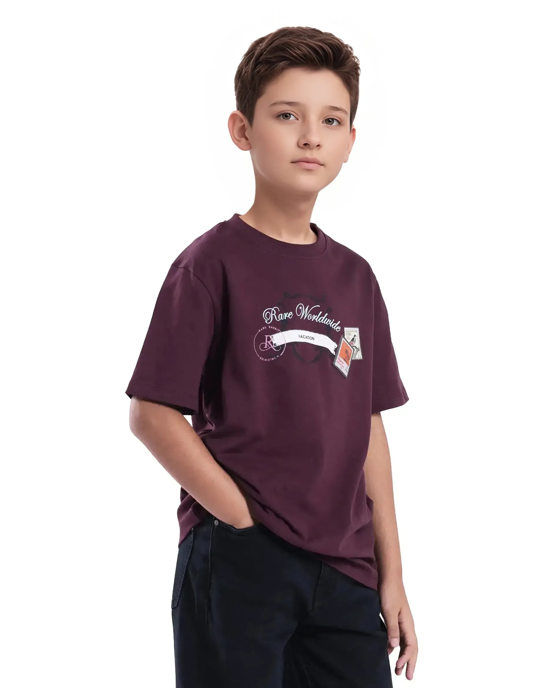Rare Ones Kids Marn Maroon Cotton Blend Half Sleeve Slip-On Printed Regular Fit T-Shirt