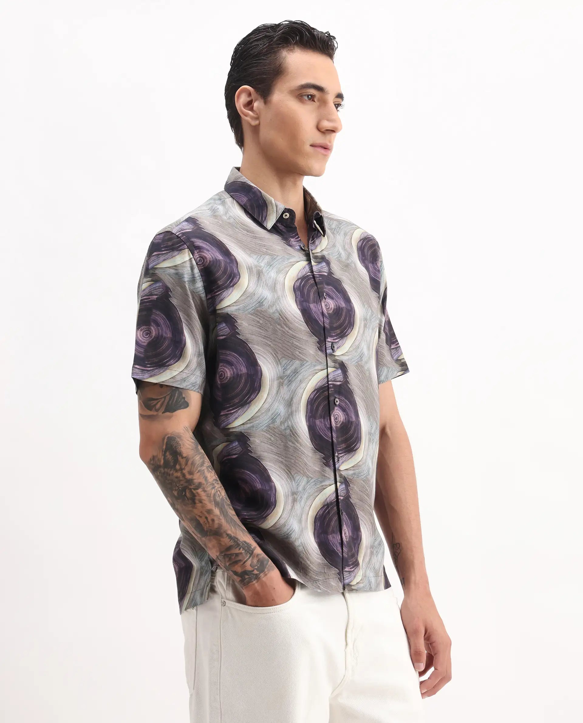 Rare Rabbit Men's Marock-25 Light Grey Viscose Abstract Print Regular Fit Half Sleeve Collared Shirt