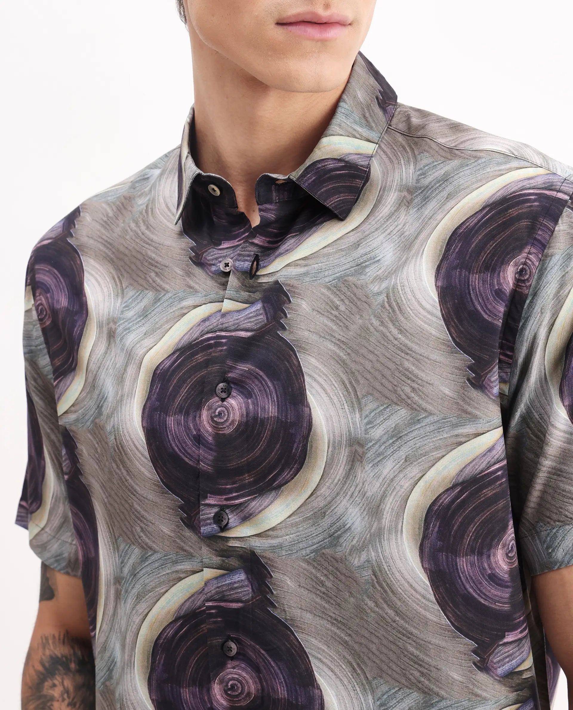 Rare Rabbit Men's Marock-25 Light Grey Viscose Abstract Print Regular Fit Half Sleeve Collared Shirt