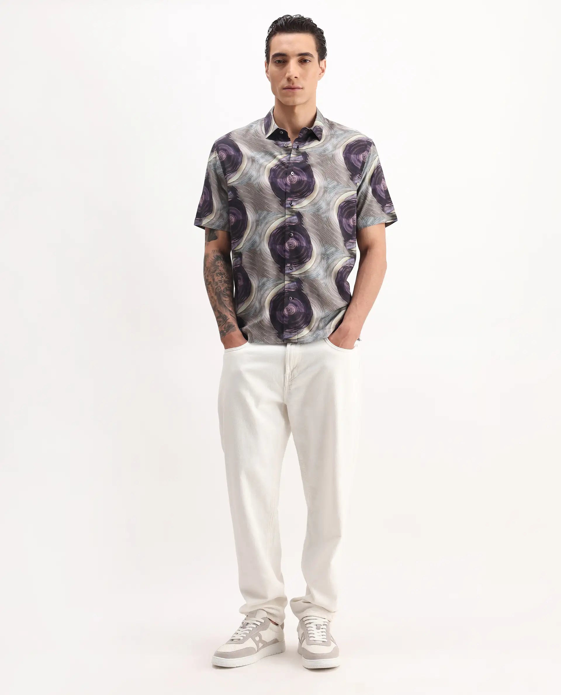 Rare Rabbit Men's Marock-25 Light Grey Viscose Abstract Print Regular Fit Half Sleeve Collared Shirt