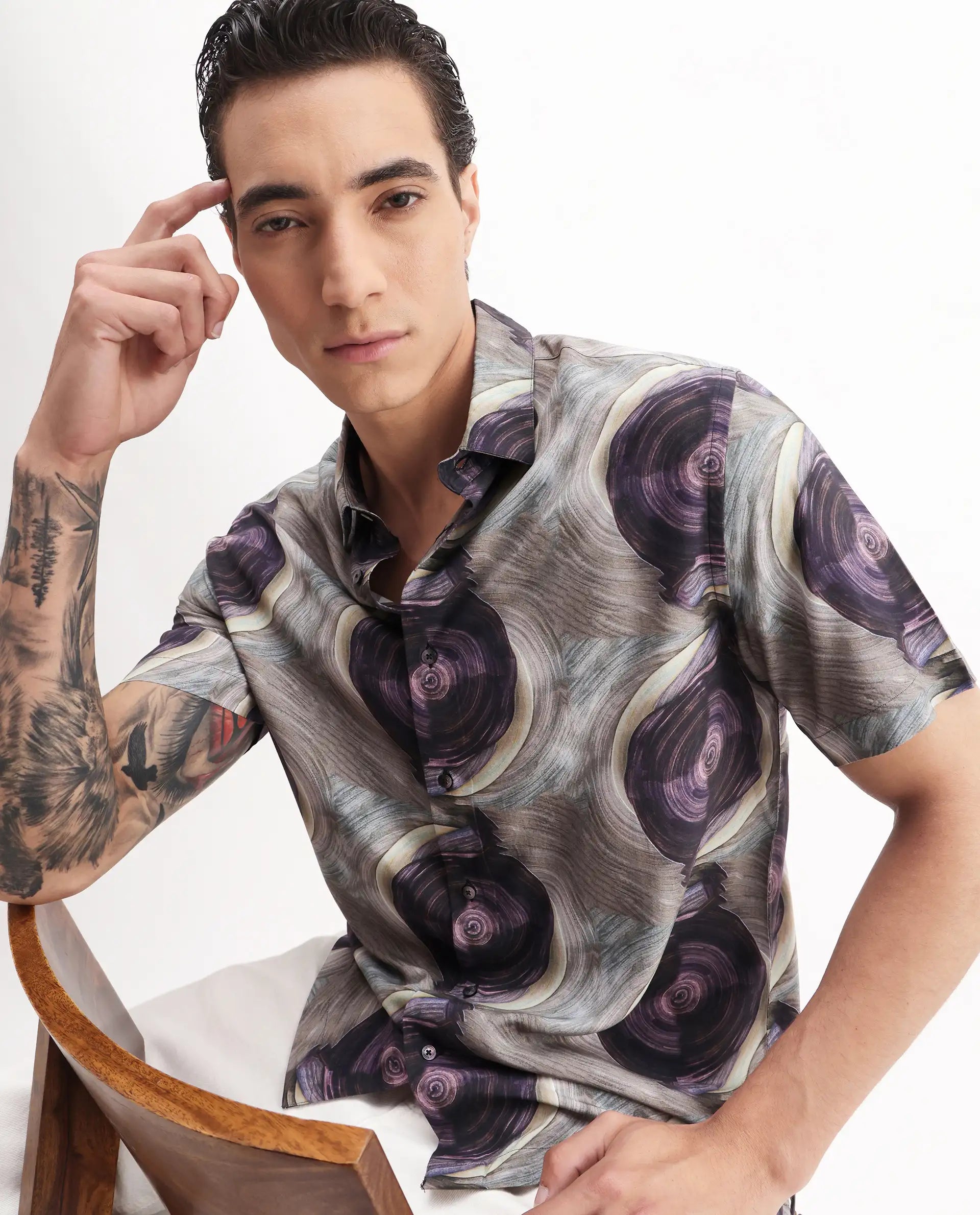 Rare Rabbit Men's Marock-25 Light Grey Viscose Abstract Print Regular Fit Half Sleeve Collared Shirt