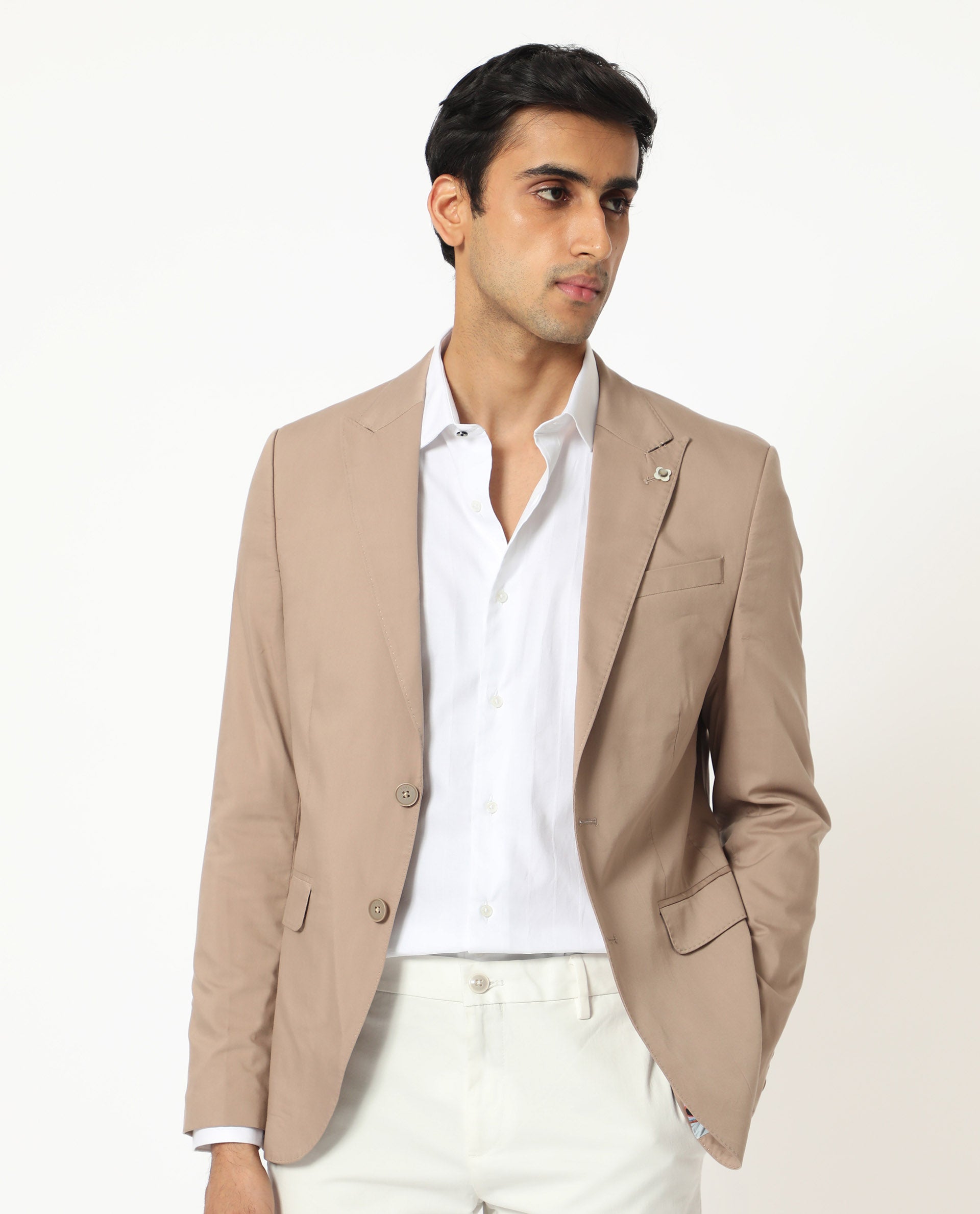Rare Rabbit Men's Maroni Beige Cotton Plain Tailored Fit Full Sleeve Lapel Neck Blazer