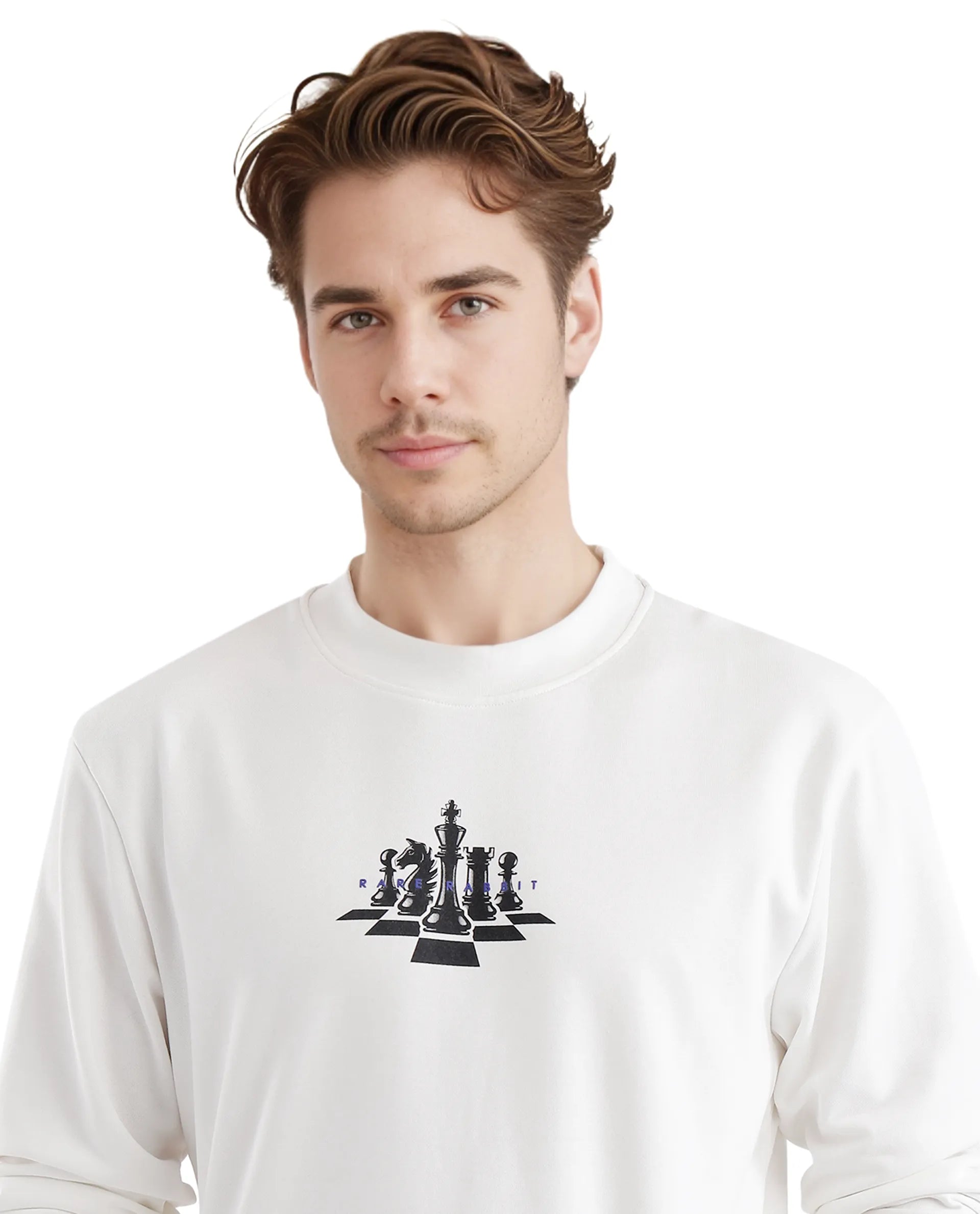 Rare Rabbit Men Marq Off White Cotton Polyester Fabric Full Sleeve Crew Neck Regular Fit Printed Sweatshirt