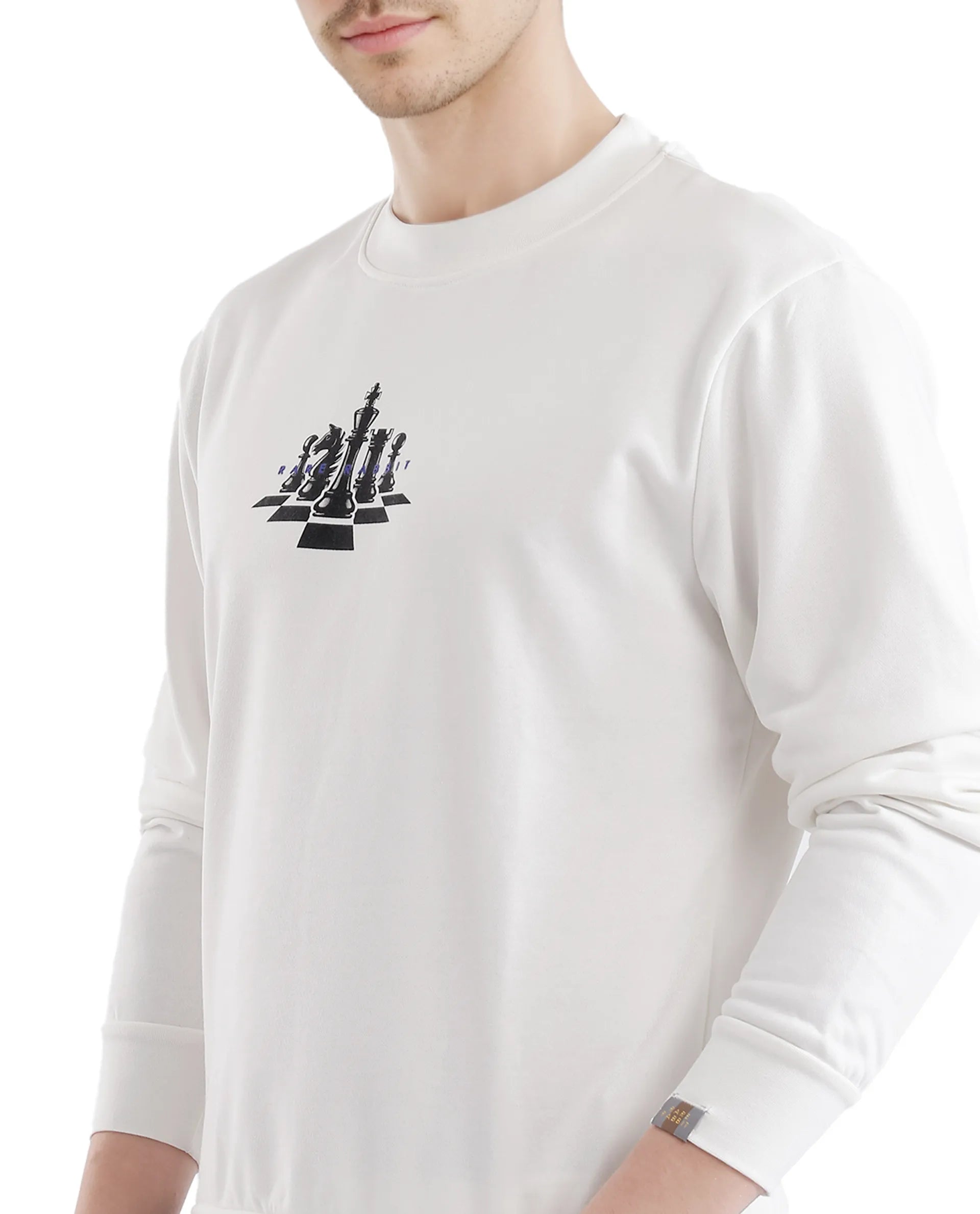 Rare Rabbit Men Marq Off White Cotton Polyester Fabric Full Sleeve Crew Neck Regular Fit Printed Sweatshirt