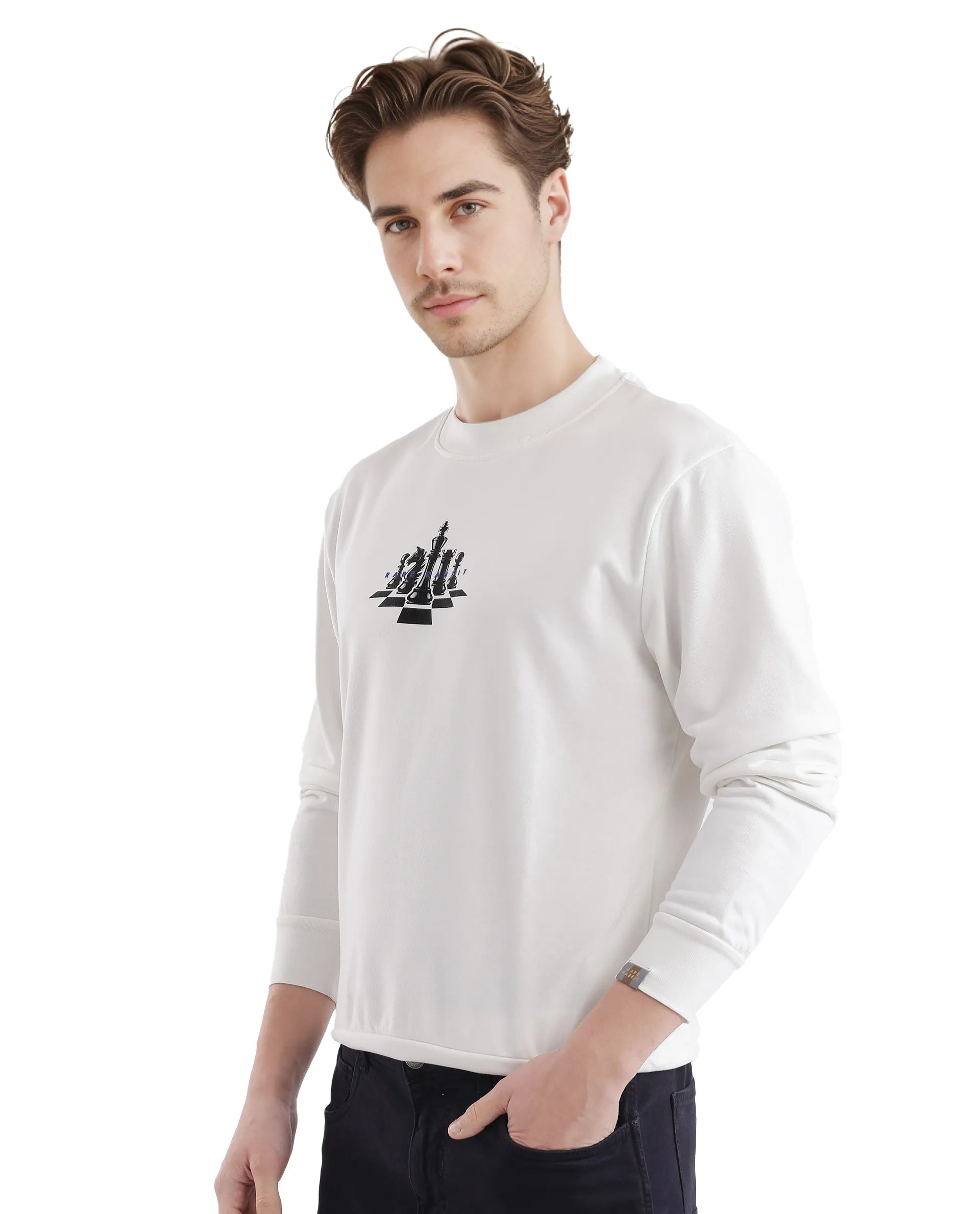 Rare Rabbit Men Marq Off White Cotton Polyester Fabric Full Sleeve Crew Neck Regular Fit Printed Sweatshirt